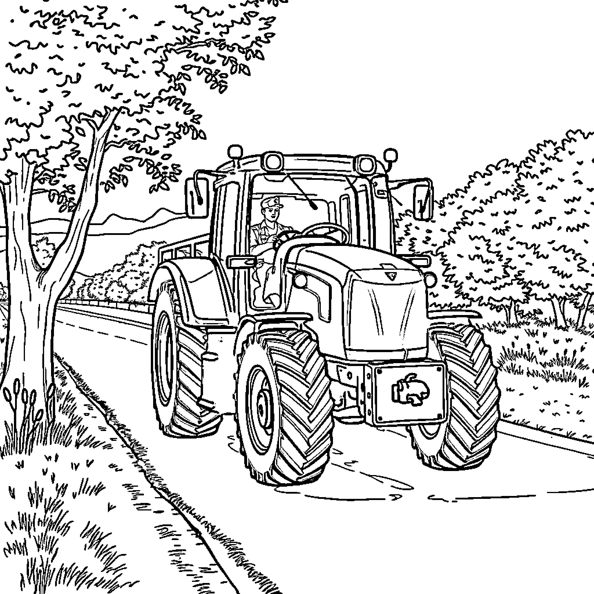 Tractor driving through rural landscape Coloring Page (free black-and-white line drawing printable PDF for all, from beginners to advanced learners, including children, teens, adults, and seniors)