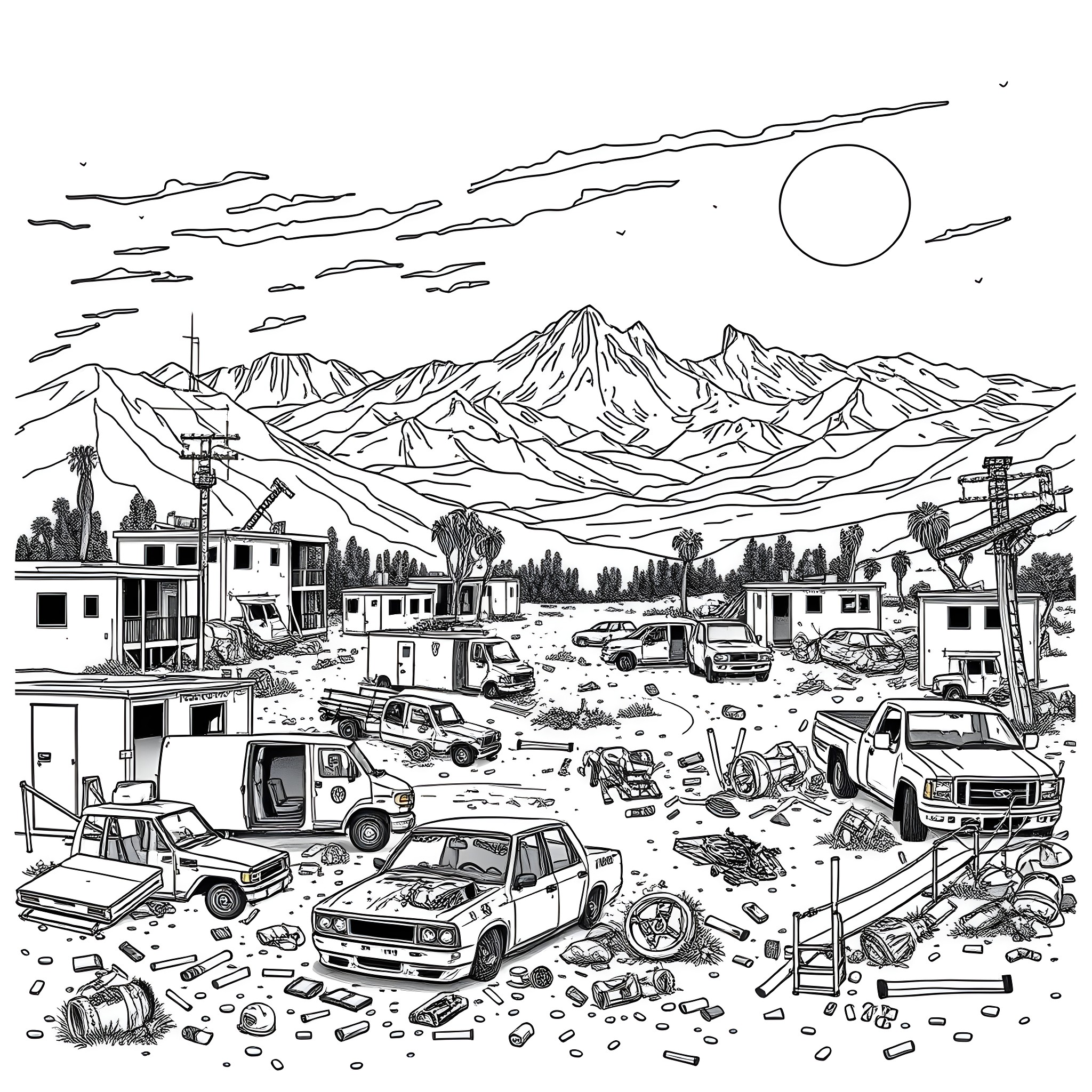 Fallout in the Wasteland Coloring Page (free black-and-white line drawing printable PDF for all, from beginners to advanced learners, including children, teens, adults, and seniors)