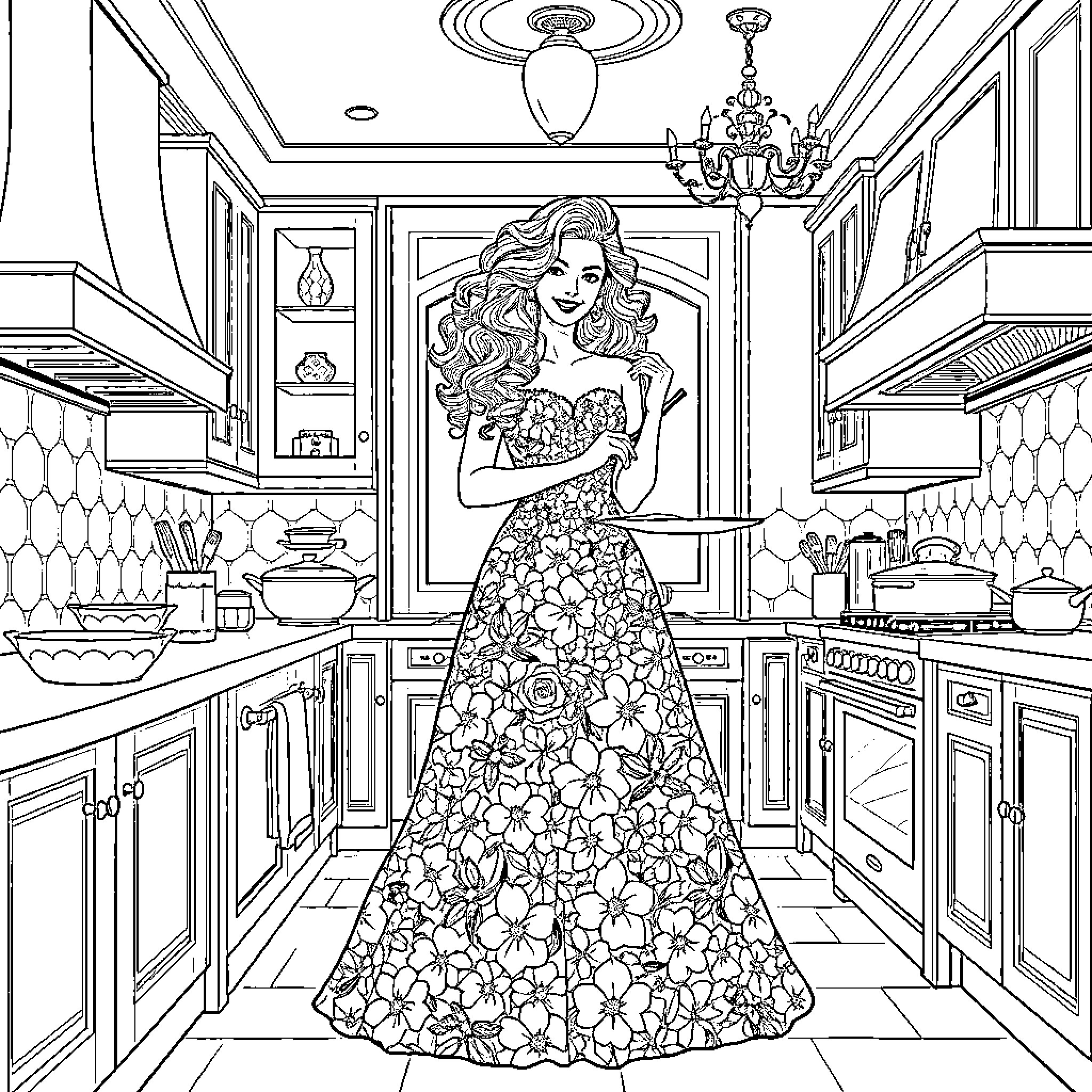 Woman in a Floral Gown in a Kitchen Scene Coloring Page (free black-and-white line drawing printable PDF for all, from beginners to advanced learners, including children, teens, adults, and seniors)
