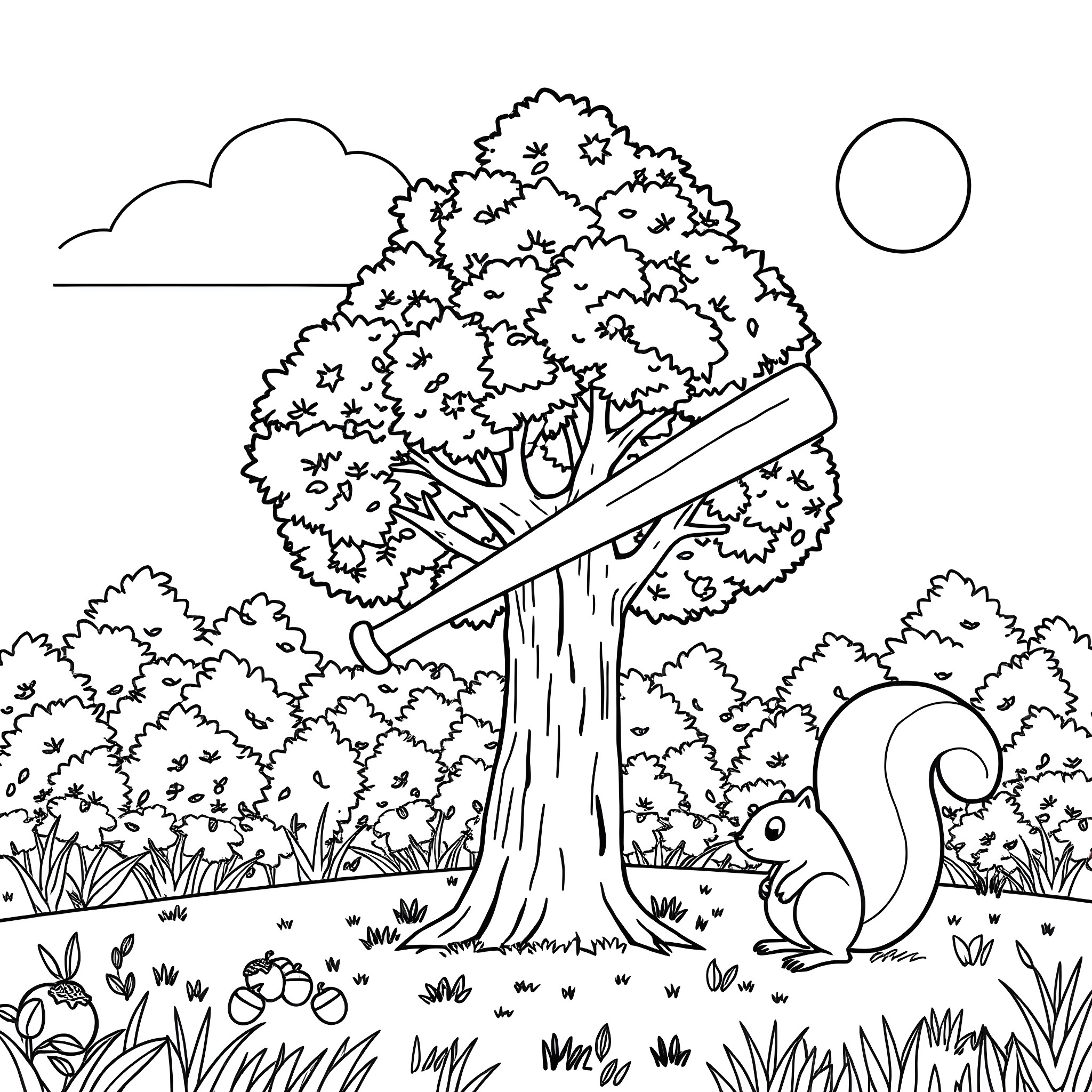 Tree with a squirrel and a branch in the forest Coloring Page (free black-and-white line drawing printable PDF for all, from beginners to advanced learners, including children, teens, adults, and seniors)