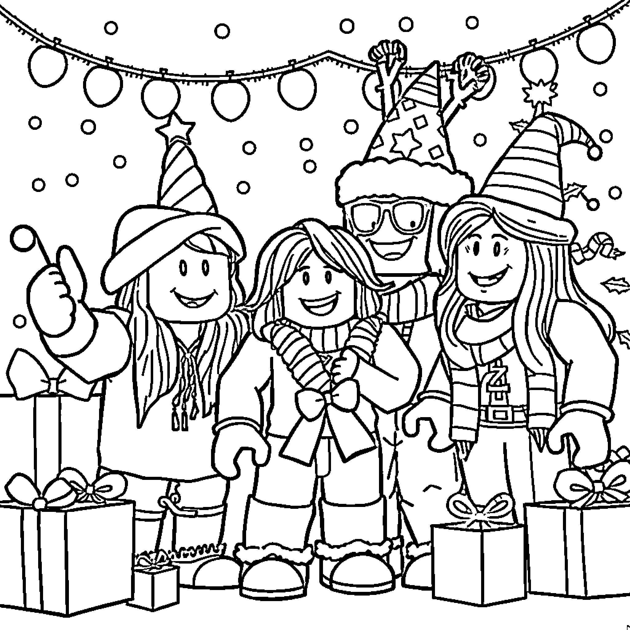Roblox Characters Celebrating a Party with Festive Decorations Coloring Page (free black-and-white line drawing printable PDF for all, from beginners to advanced learners, including children, teens, adults, and seniors)