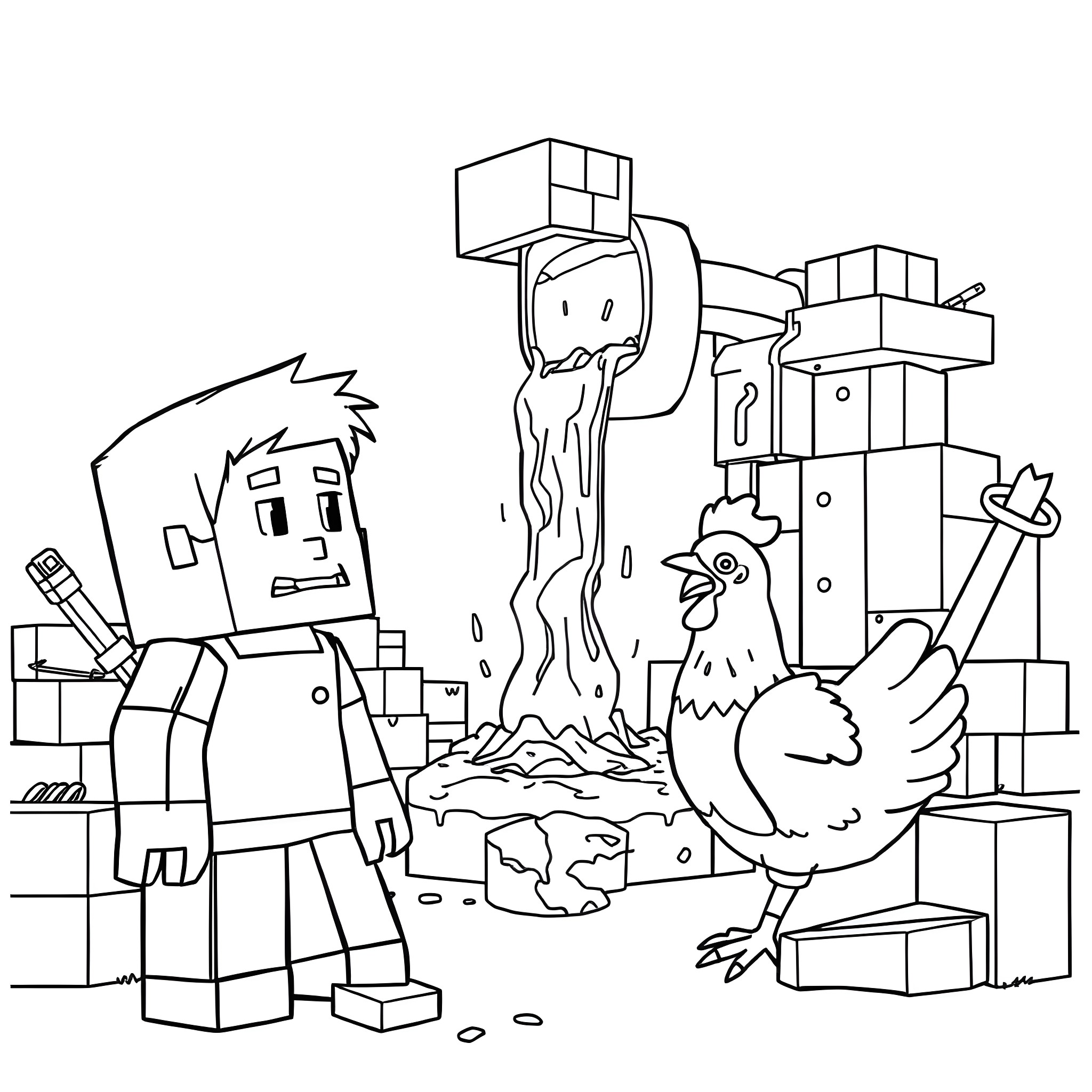 Steve's Minecraft Adventure with Chicken Coloring Page (free black-and-white line drawing printable PDF for all, from beginners to advanced learners, including children, teens, adults, and seniors)