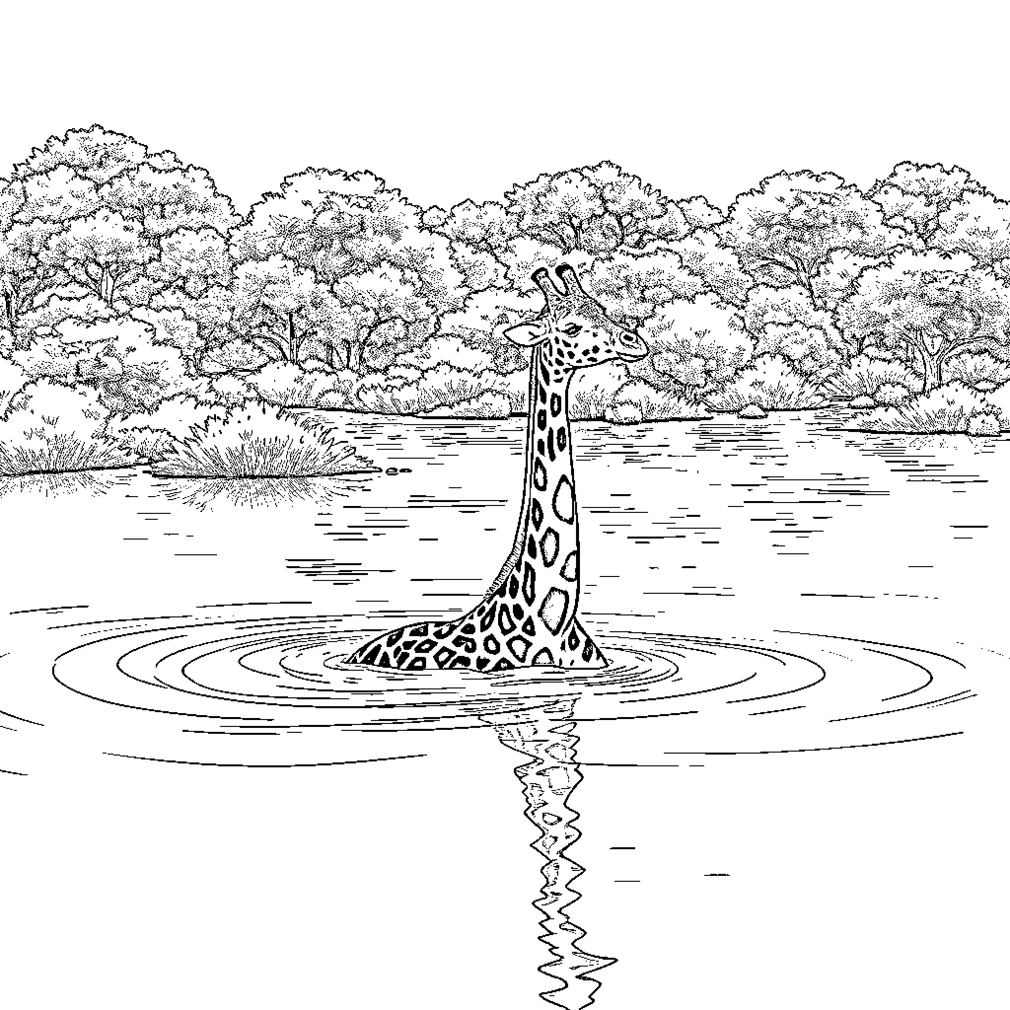 Giraffe reflecting in the water Coloring Page (free black-and-white line drawing printable PDF for all, from beginners to advanced learners, including children, teens, adults, and seniors)