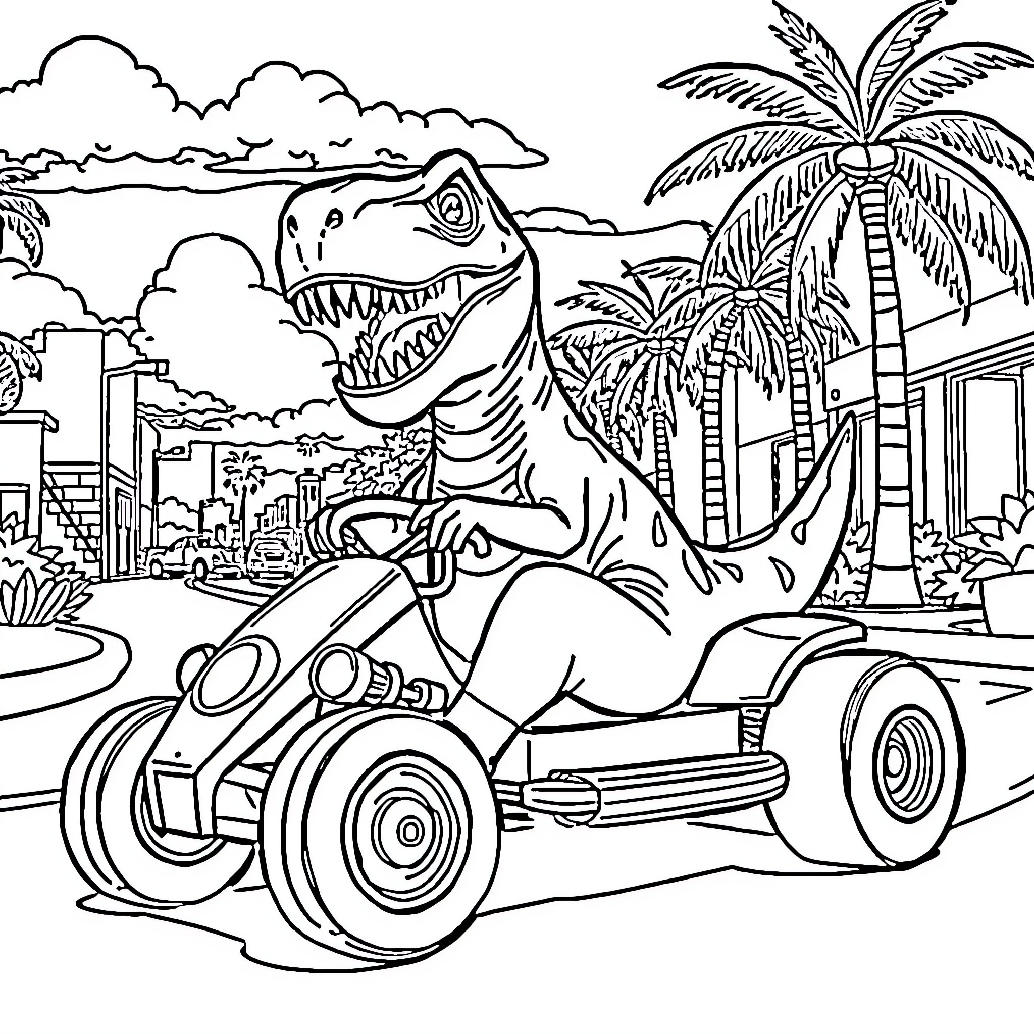 T-Rex driving a motorcycle through the city Coloring Page (free black-and-white line drawing printable PDF for all, from beginners to advanced learners, including children, teens, adults, and seniors)