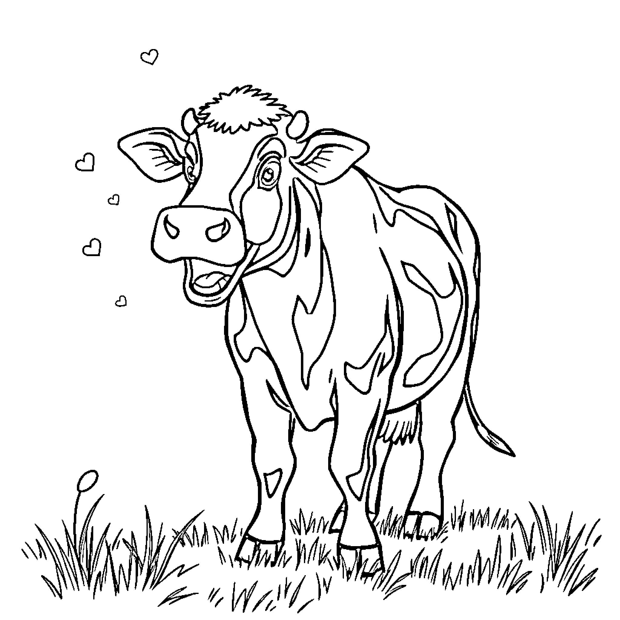 Singing Cow Expressing Joy in a Grassy Field Coloring Page (free black-and-white line drawing printable PDF for all, from beginners to advanced learners, including children, teens, adults, and seniors)