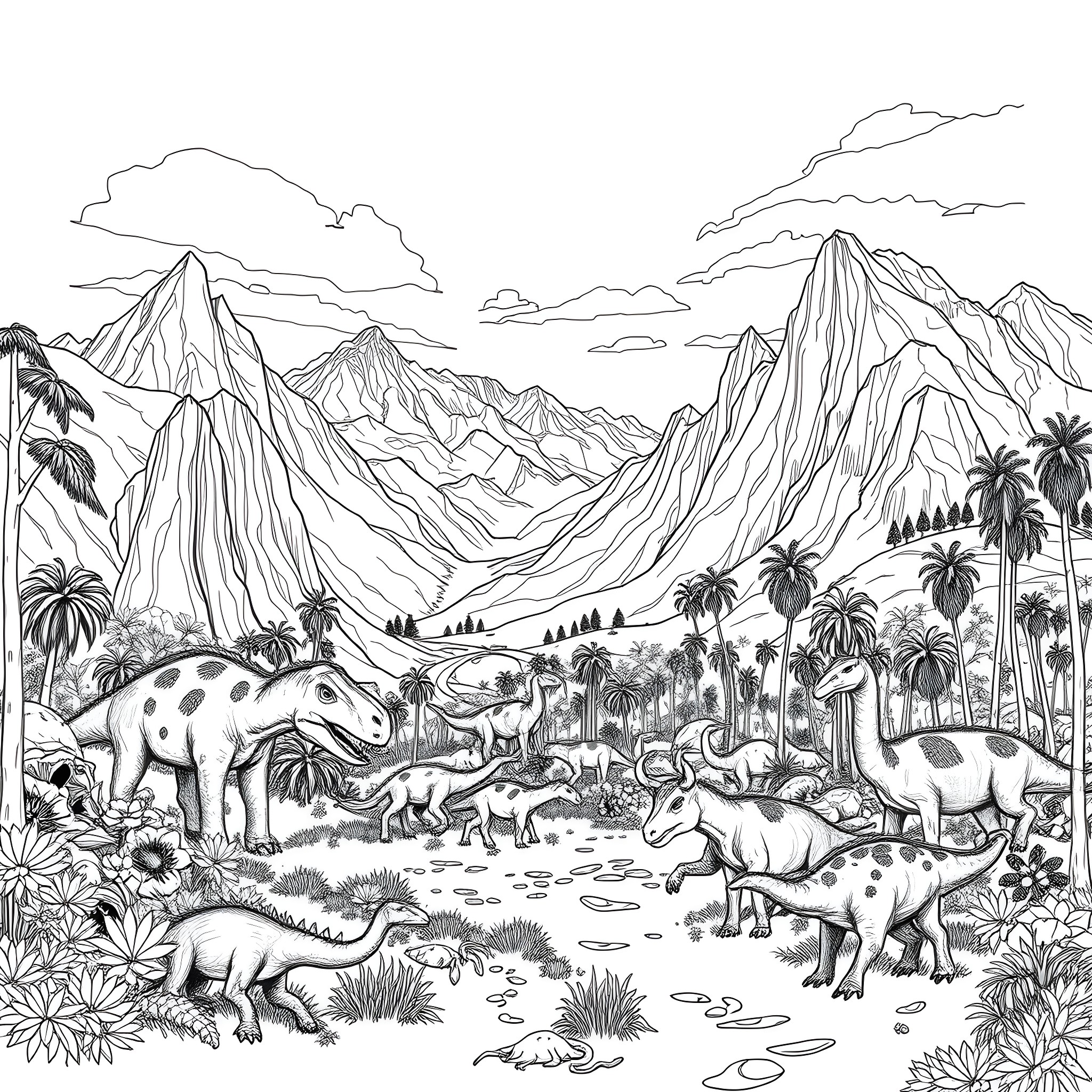World of Prehistoric Creatures in the Wild Coloring Page (free black-and-white line drawing printable PDF for all, from beginners to advanced learners, including children, teens, adults, and seniors)