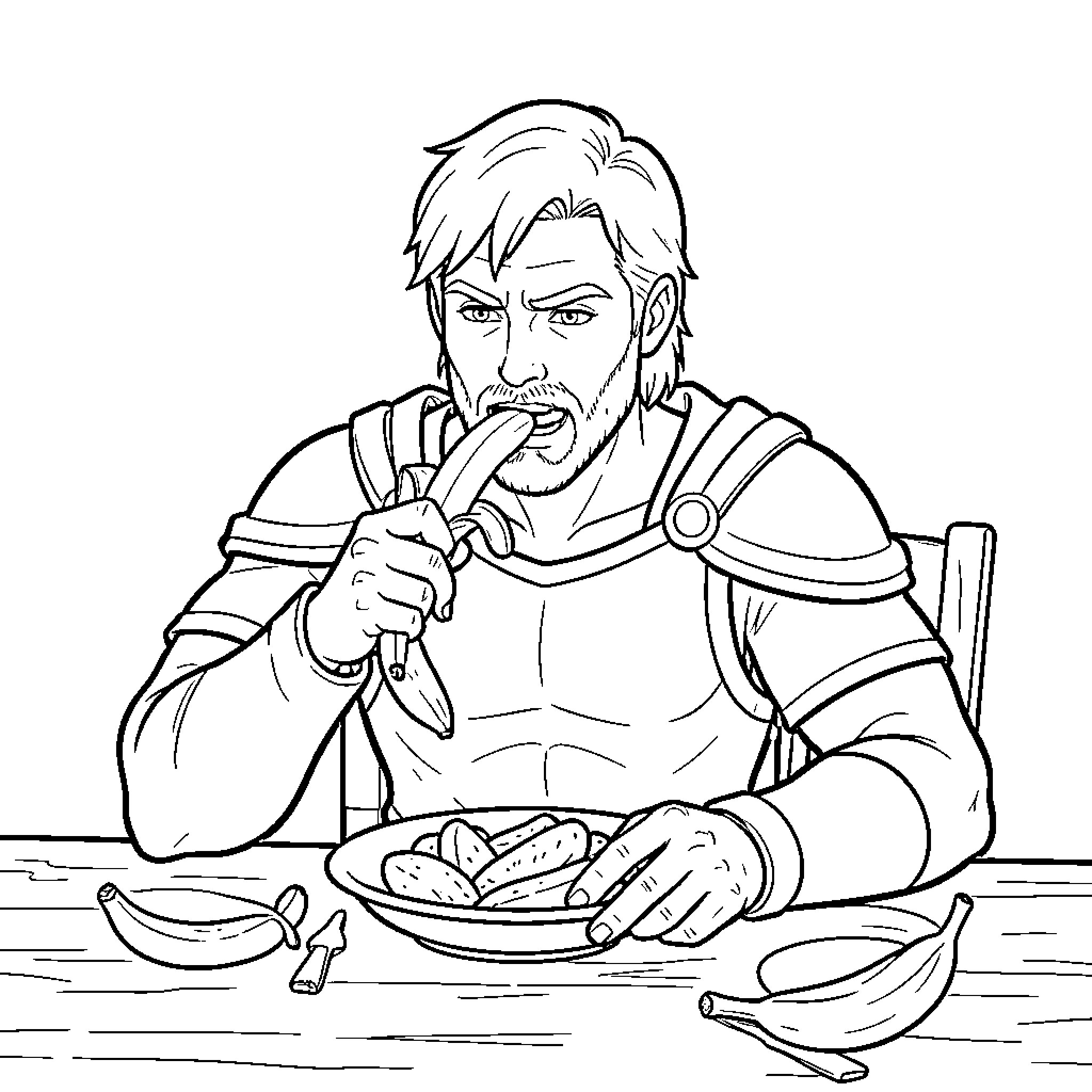 Hero eating a banana at the dining table Coloring Page (free black-and-white line drawing printable PDF for all, from beginners to advanced learners, including children, teens, adults, and seniors)