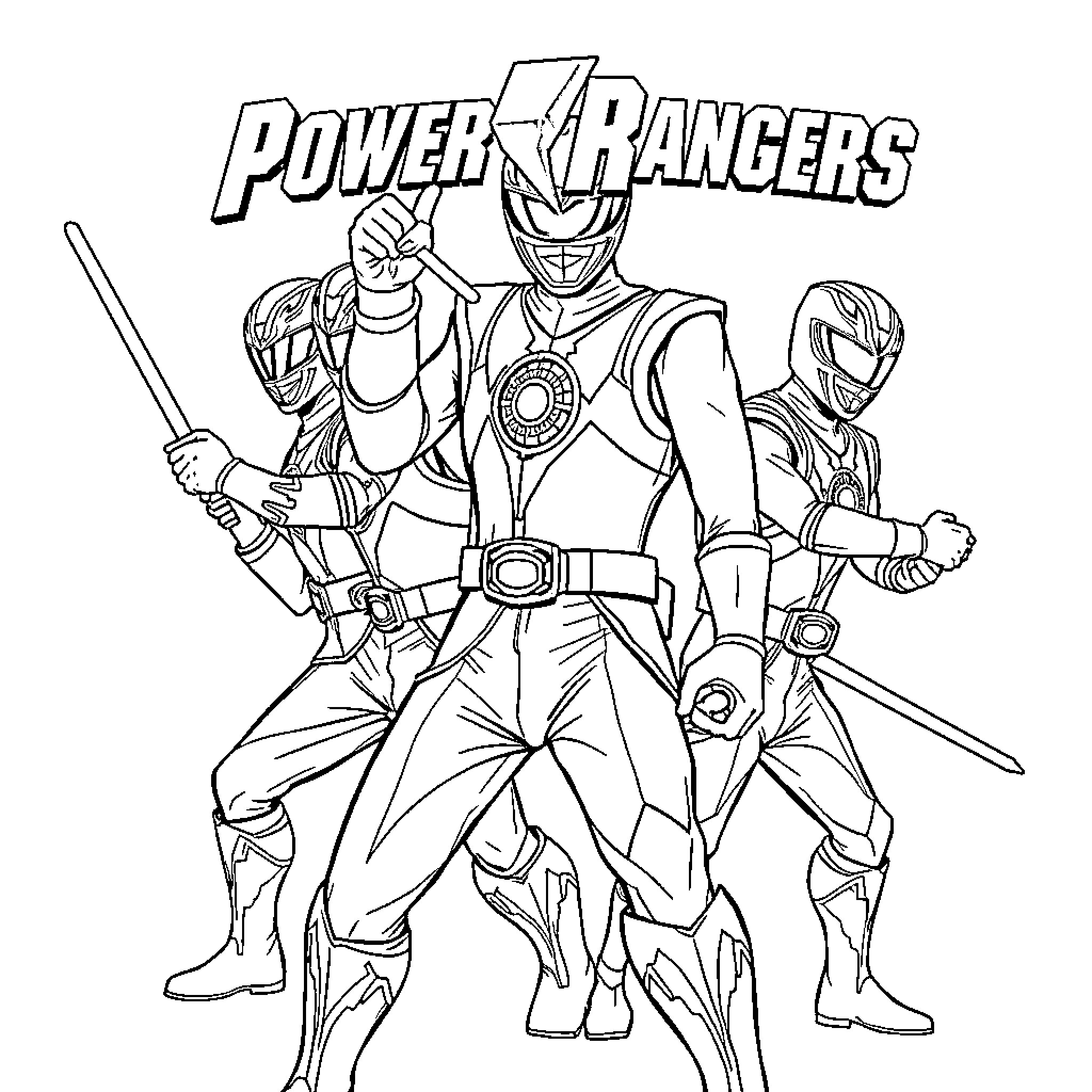 Power Rangers in Action Poses Coloring Page (free black-and-white line drawing printable PDF for all, from beginners to advanced learners, including children, teens, adults, and seniors)