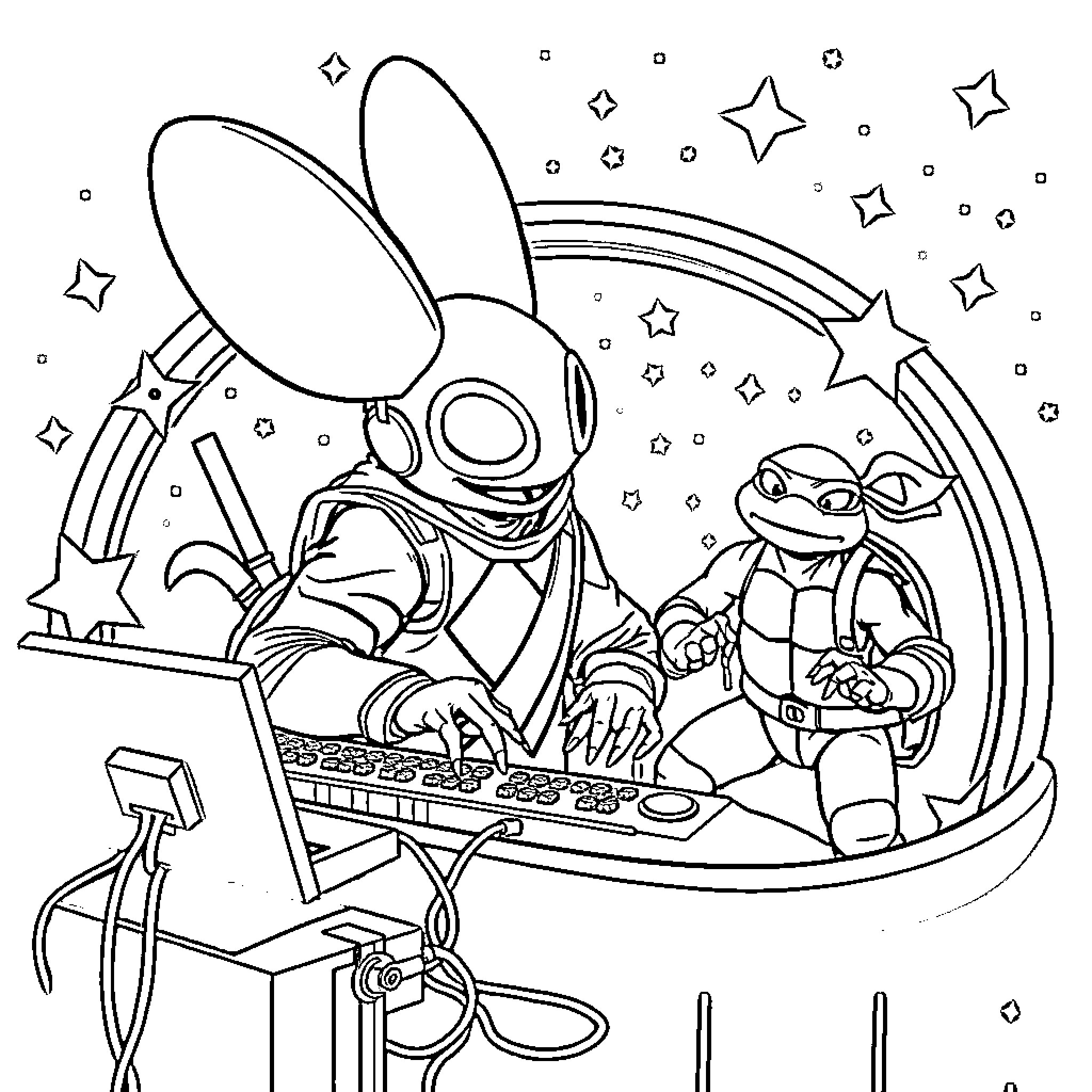 Deadmau5 creating electronic music with alien companion Coloring Page (free black-and-white line drawing printable PDF for all, from beginners to advanced learners, including children, teens, adults, and seniors)