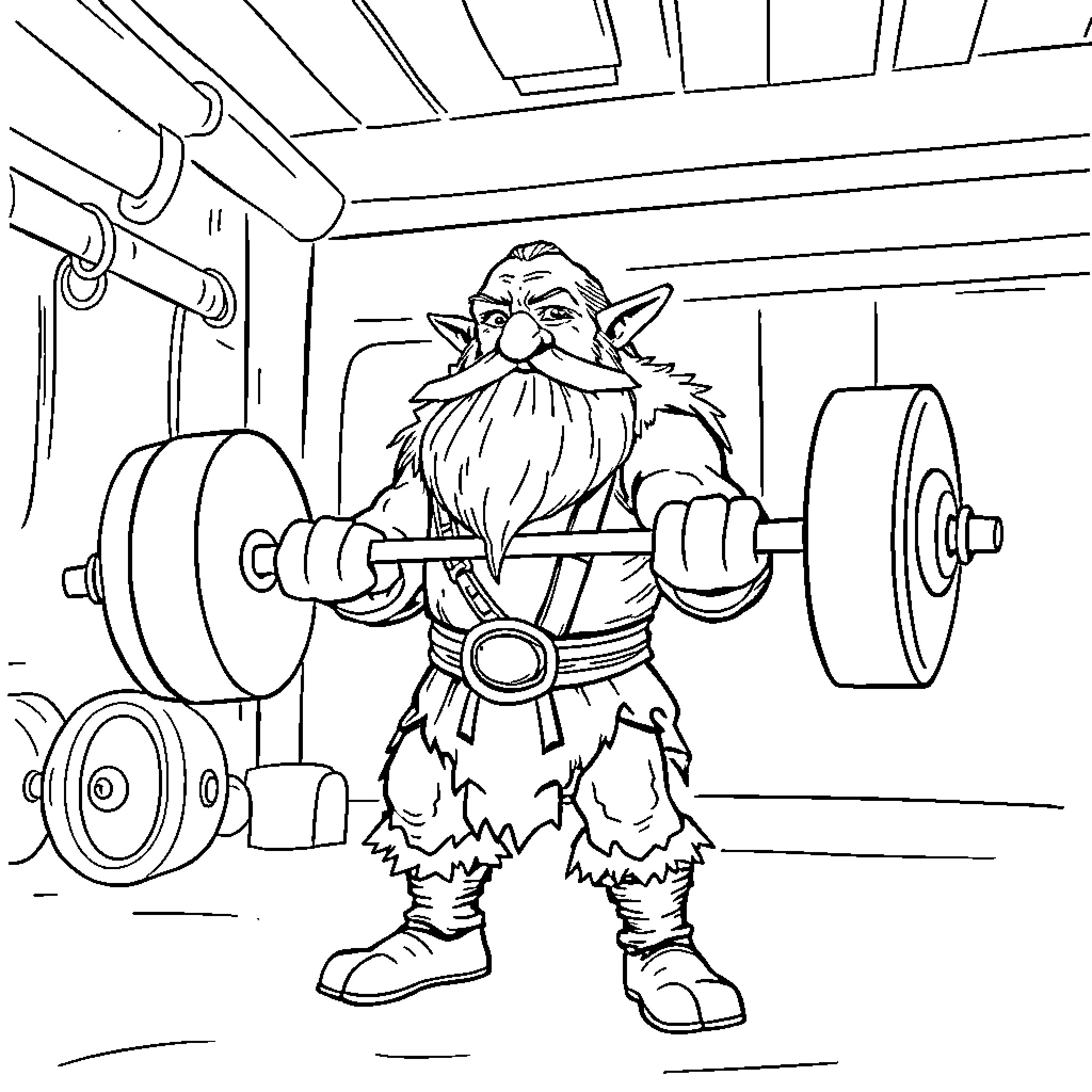 Gimli the Dwarven Weightlifter in Training Gym Coloring Page (free black-and-white line drawing printable PDF for all, from beginners to advanced learners, including children, teens, adults, and seniors)