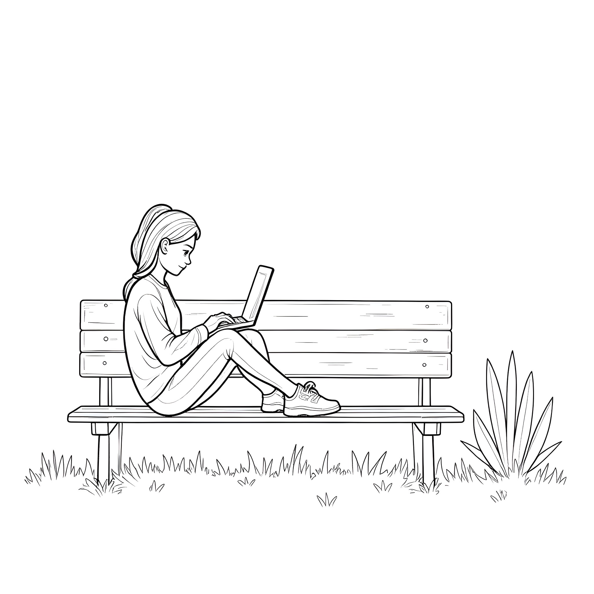 Woman sitting on a bench using a laptop Coloring Page (free black-and-white line drawing printable PDF for all, from beginners to advanced learners, including children, teens, adults, and seniors)