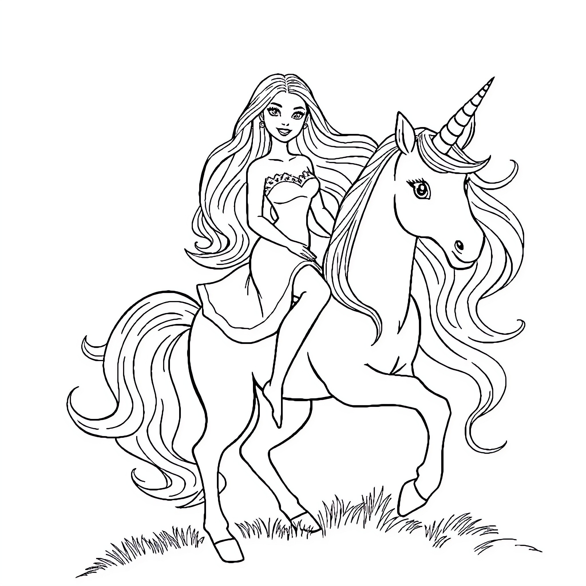 Barbie riding a magical unicorn Coloring Page (free black-and-white line drawing printable PDF for all, from beginners to advanced learners, including children, teens, adults, and seniors)