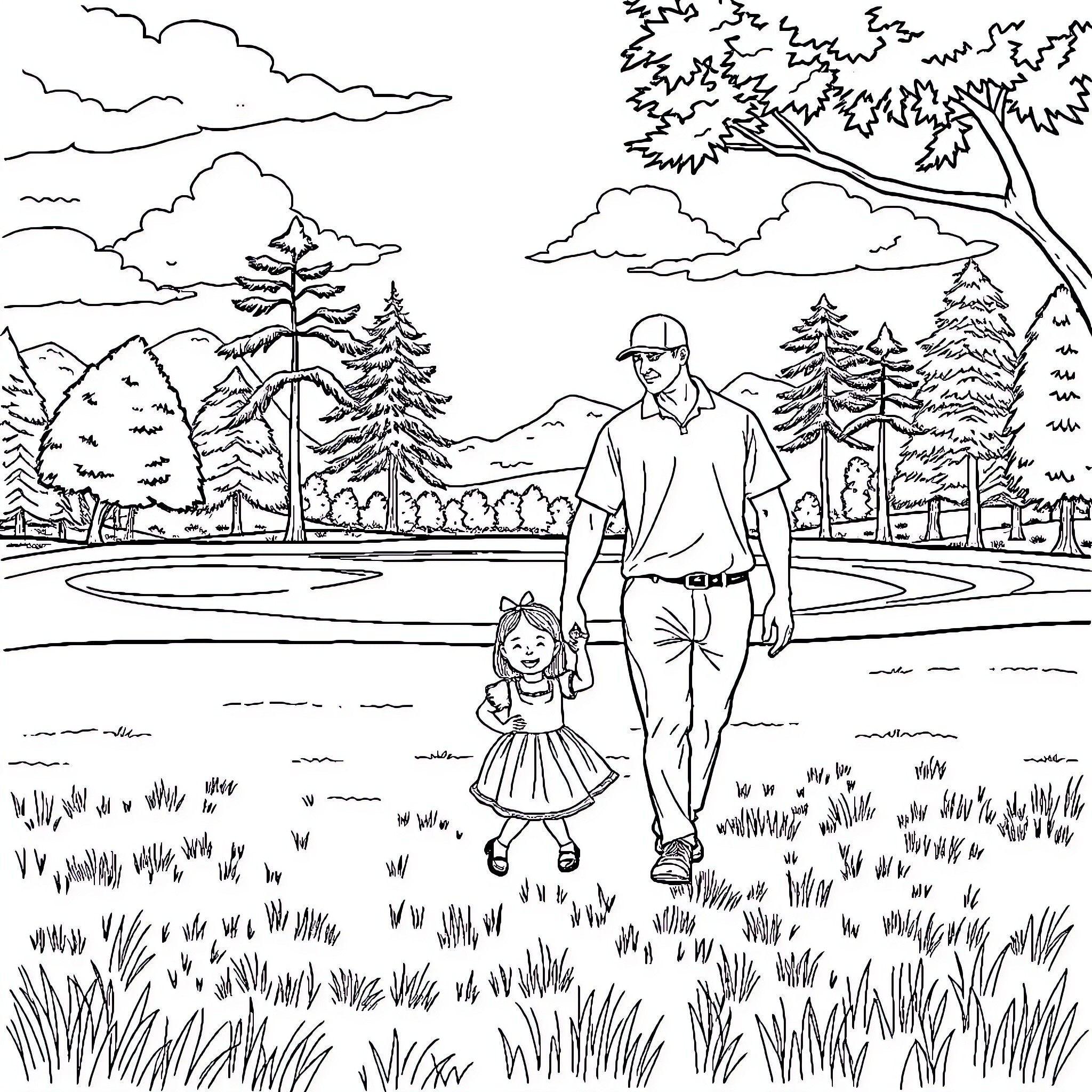 Girl walking in the park with father Coloring Page (free black-and-white line drawing printable PDF for all, from beginners to advanced learners, including children, teens, adults, and seniors)