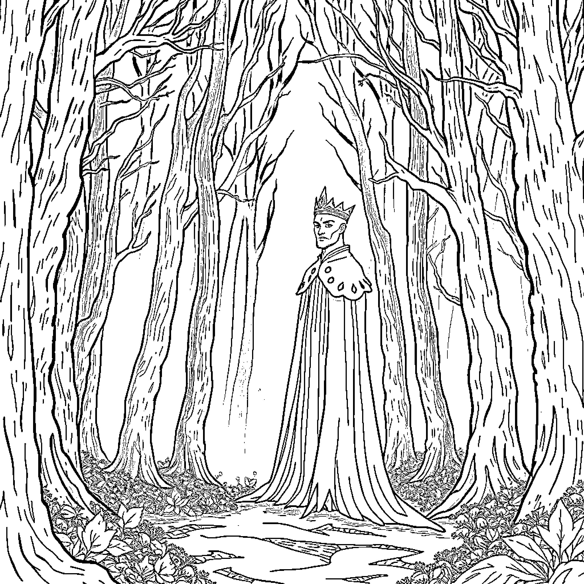 Cruel Prince stalking through the dark enchanted forest Coloring Page (free black-and-white line drawing printable PDF for all, from beginners to advanced learners, including children, teens, adults, and seniors)
