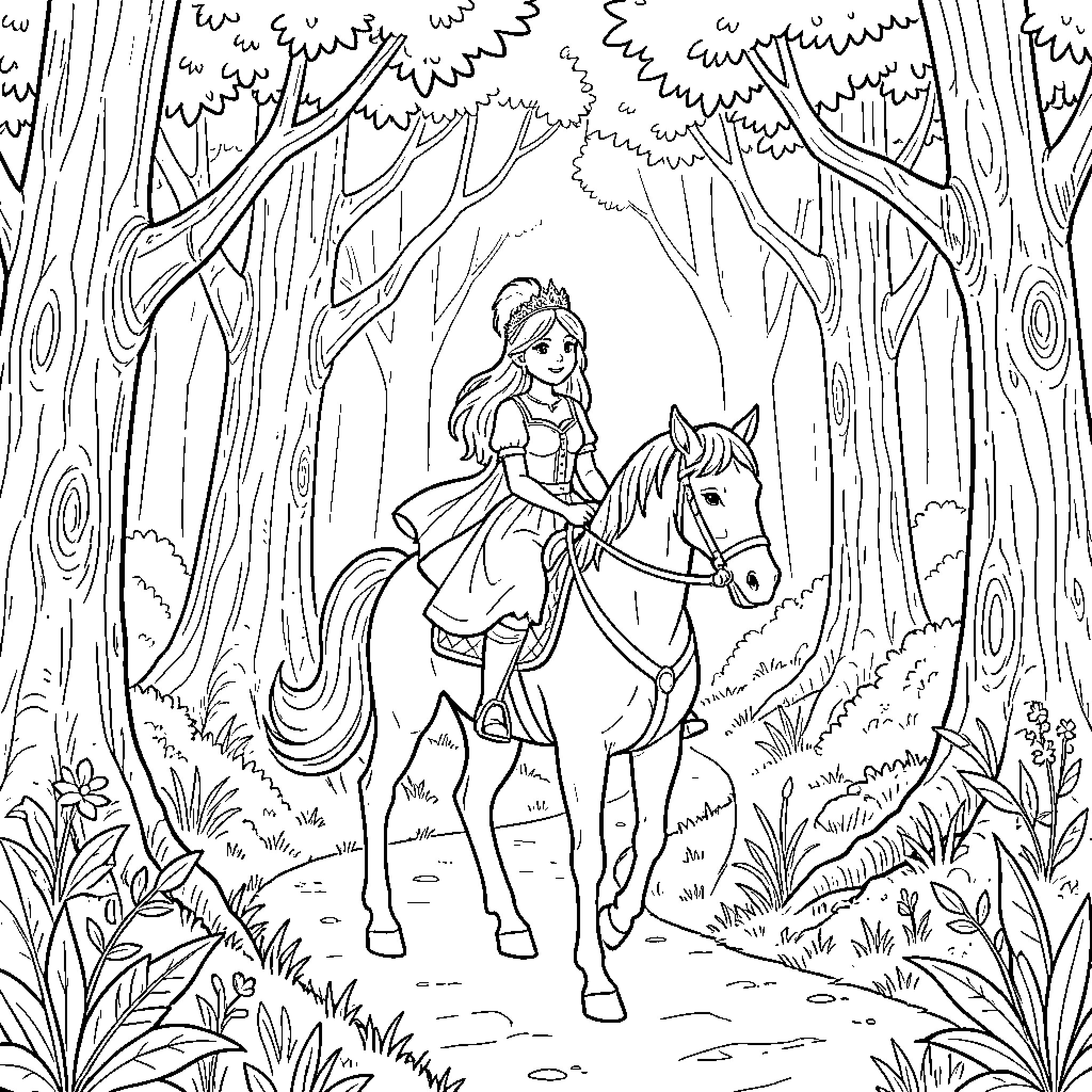 Princess riding a horse through a forest Coloring Page (free black-and-white line drawing printable PDF for all, from beginners to advanced learners, including children, teens, adults, and seniors)