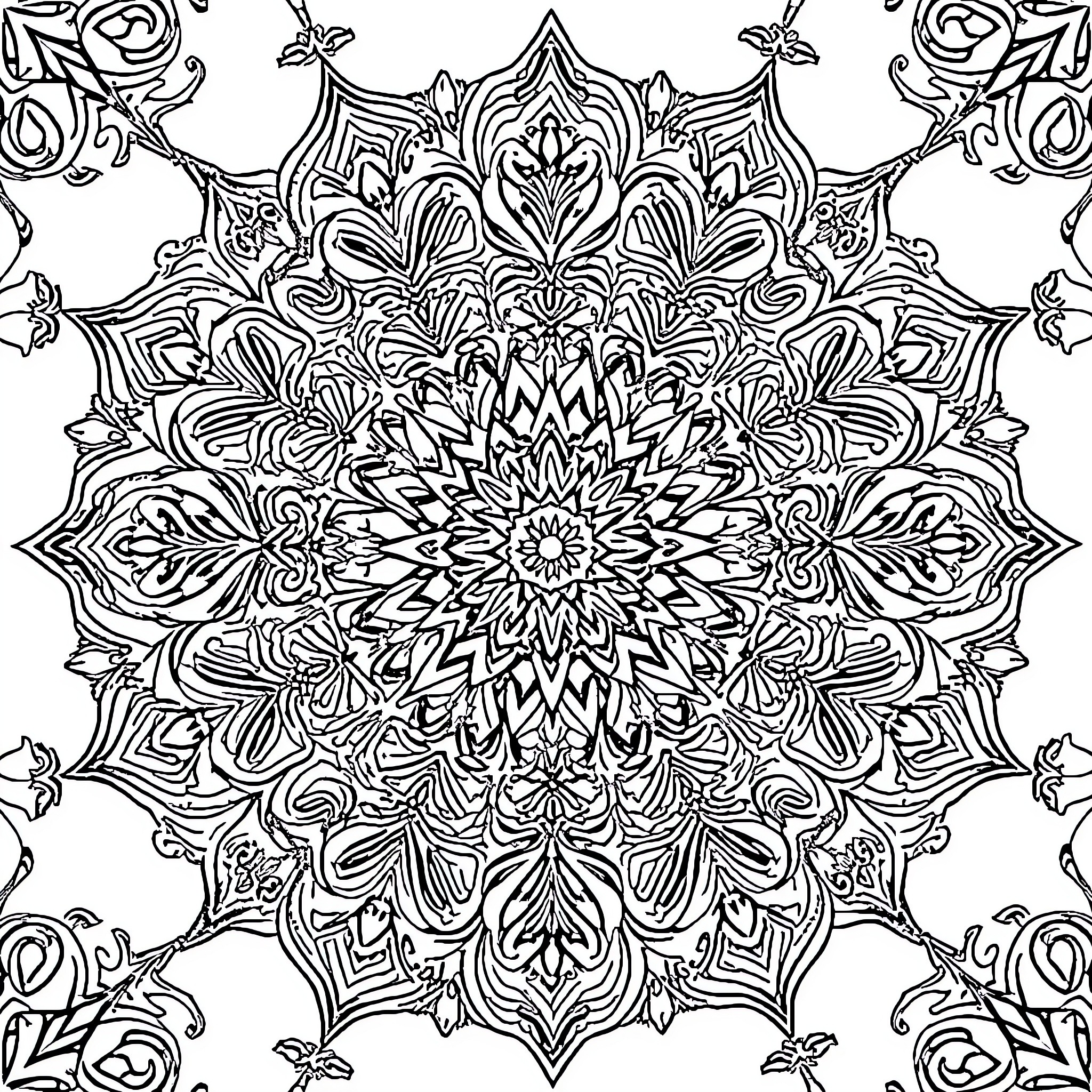 Mandala of intricate floral patterns and designs Coloring Page (free black-and-white line drawing printable PDF for all, from beginners to advanced learners, including children, teens, adults, and seniors)