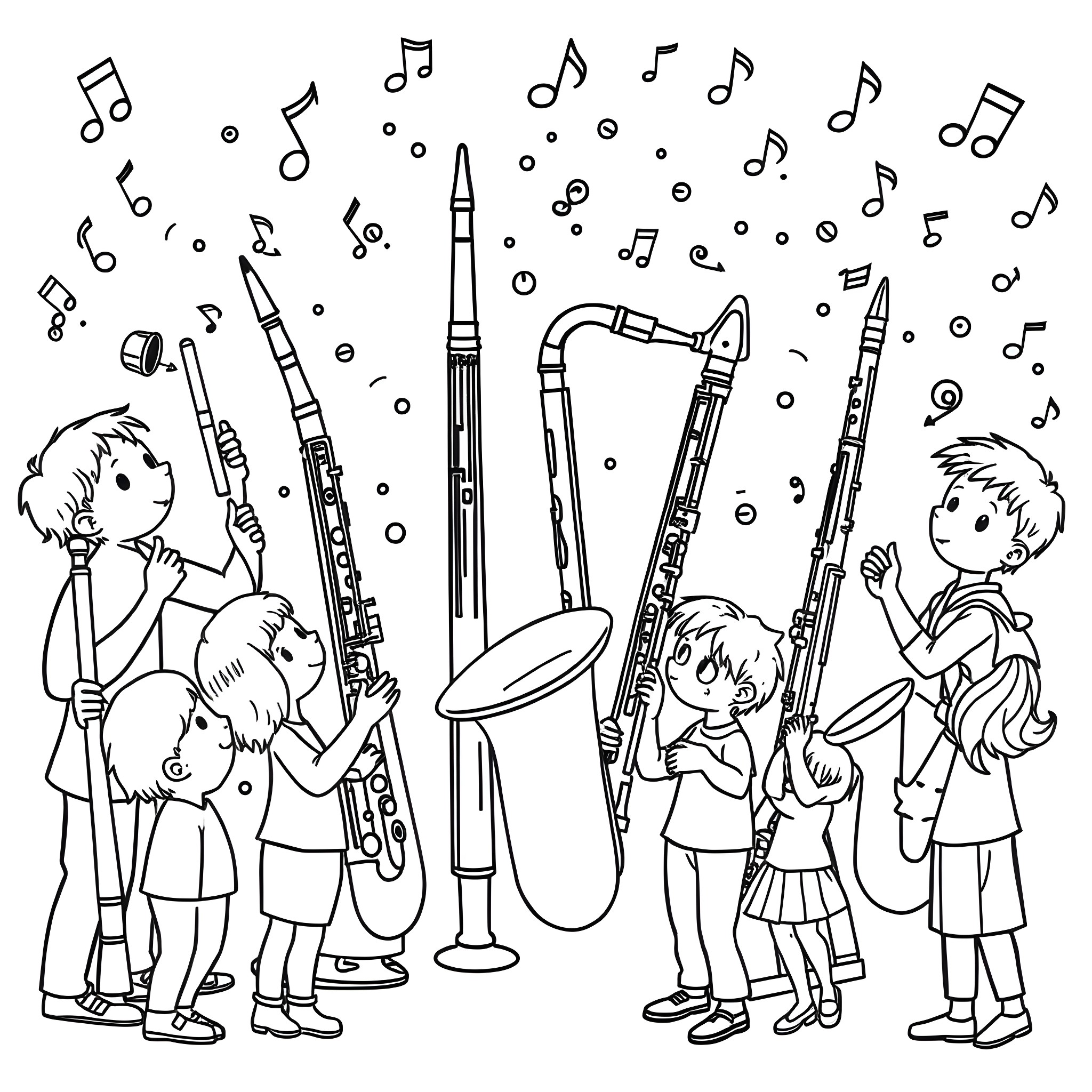 Woodwind Instrument Playing Music with Friends Coloring Page (free black-and-white line drawing printable PDF for all, from beginners to advanced learners, including children, teens, adults, and seniors)