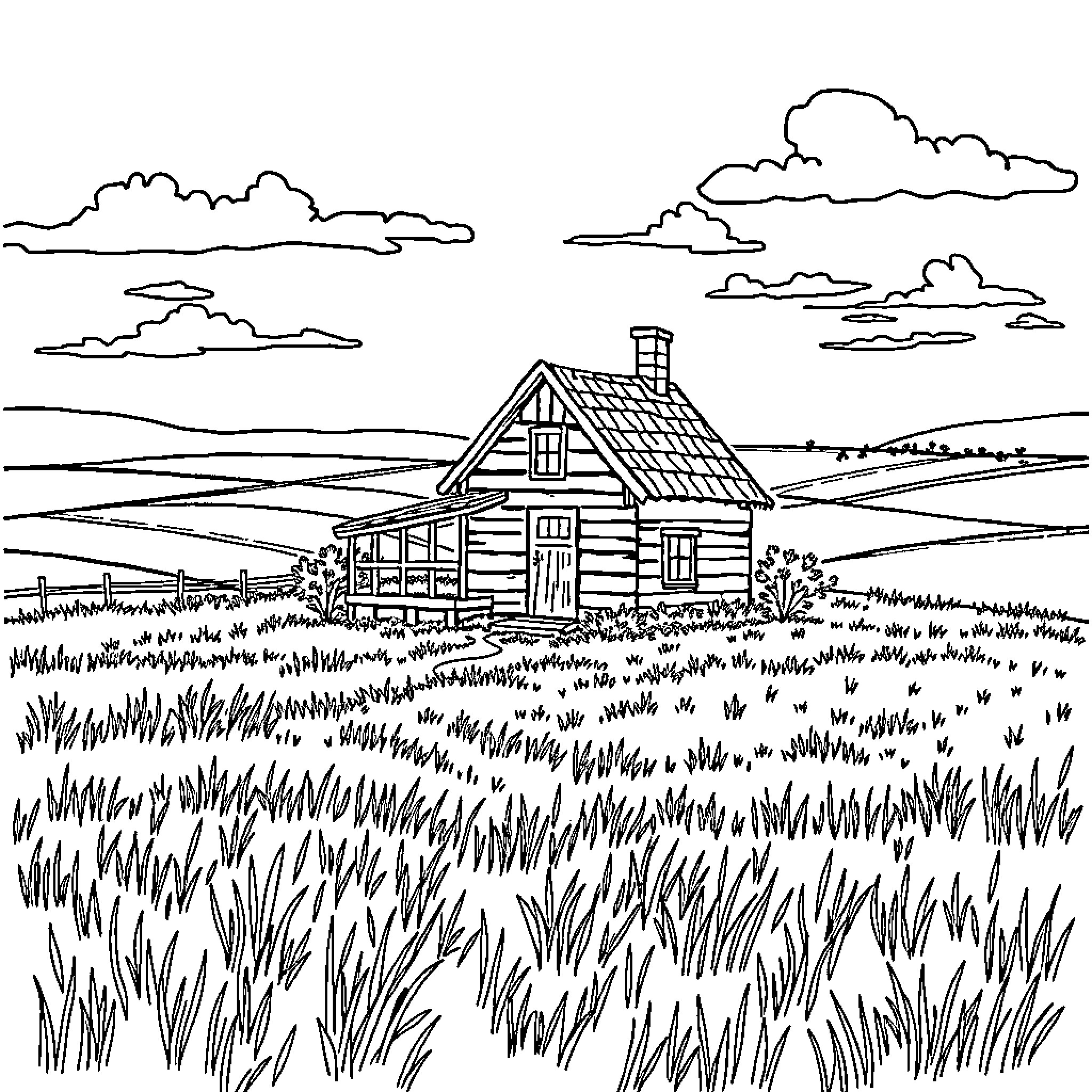 House nestled in peaceful countryside landscape Coloring Page (free black-and-white line drawing printable PDF for all, from beginners to advanced learners, including children, teens, adults, and seniors)