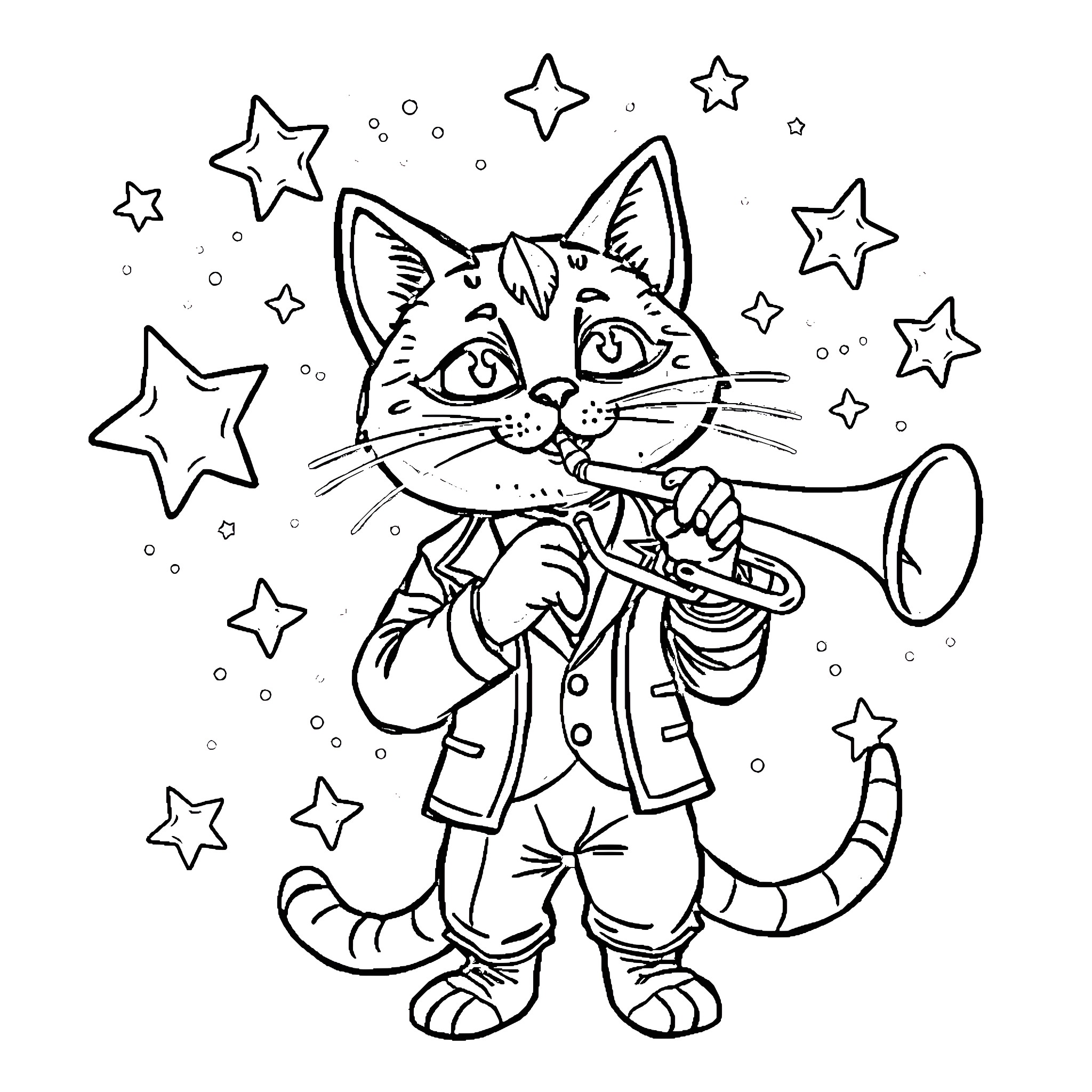 Cat dressed up as a performer playing a trumpet among stars Coloring Page (free black-and-white line drawing printable PDF for all, from beginners to advanced learners, including children, teens, adults, and seniors)