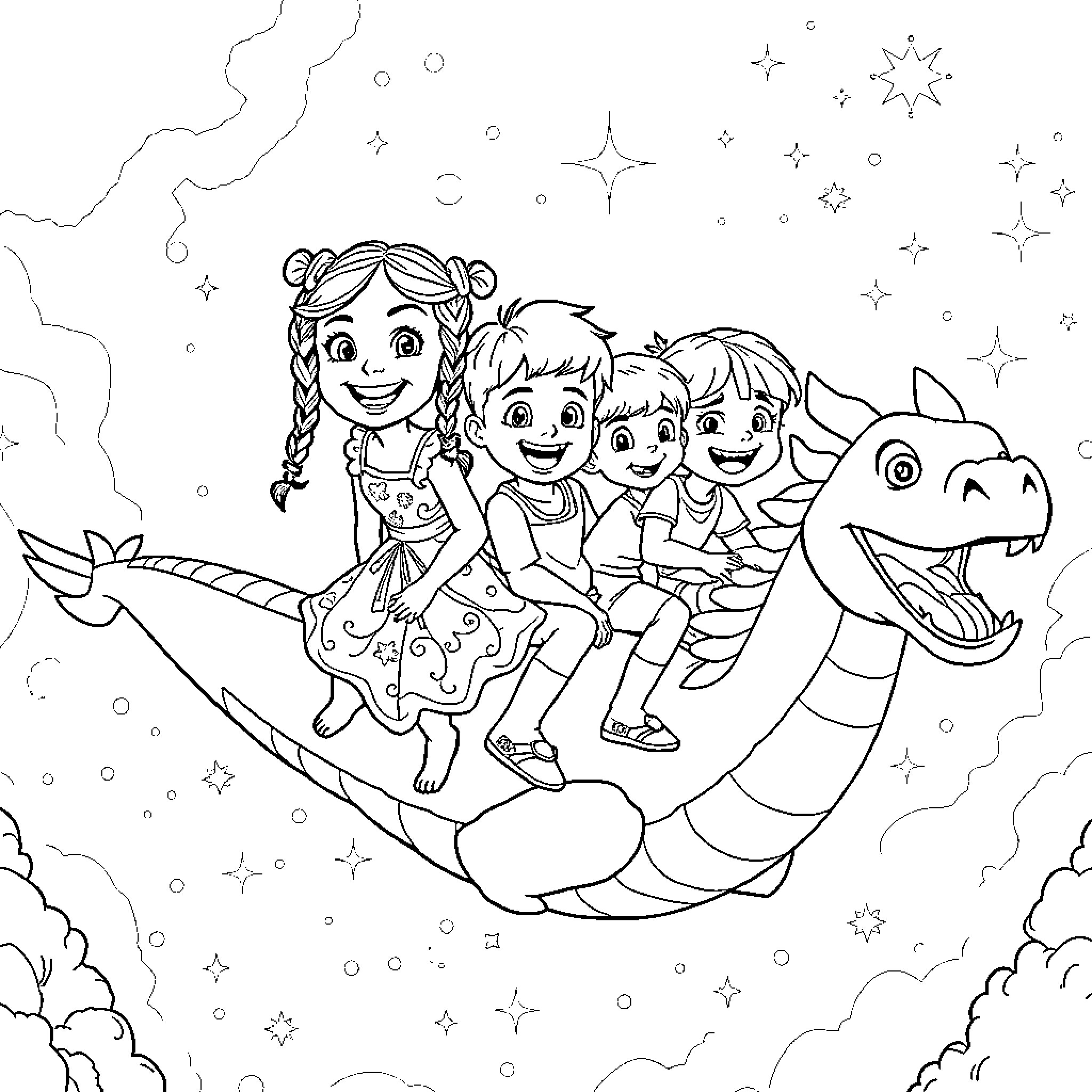 Dragon Family Adventure in the Sky Coloring Page (free black-and-white line drawing printable PDF for all, from beginners to advanced learners, including children, teens, adults, and seniors)