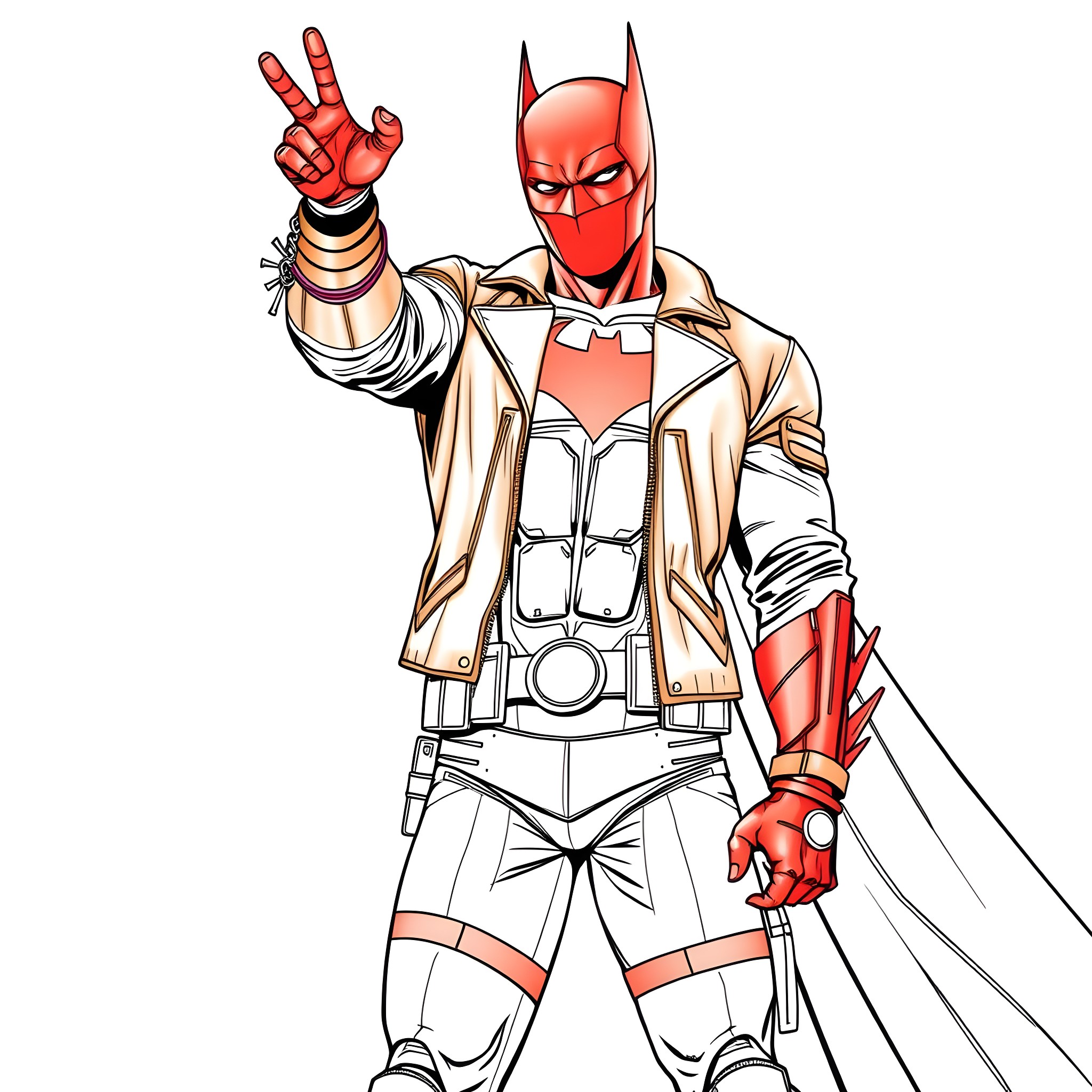 Red Hood's Heroic Stance Coloring Page (free black-and-white line drawing printable PDF for all, from beginners to advanced learners, including children, teens, adults, and seniors)
