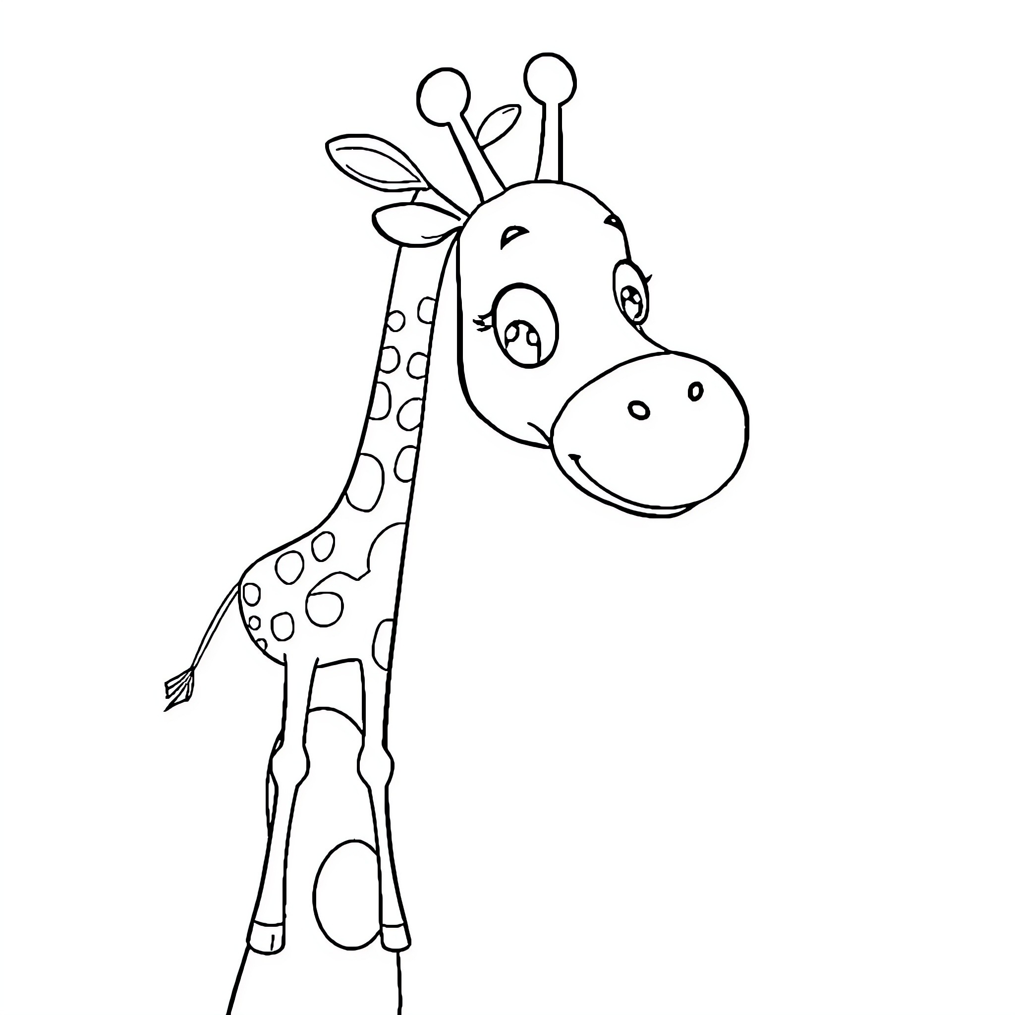 Giraffe smiling and looking curious Coloring Page (free black-and-white line drawing printable PDF for all, from beginners to advanced learners, including children, teens, adults, and seniors)