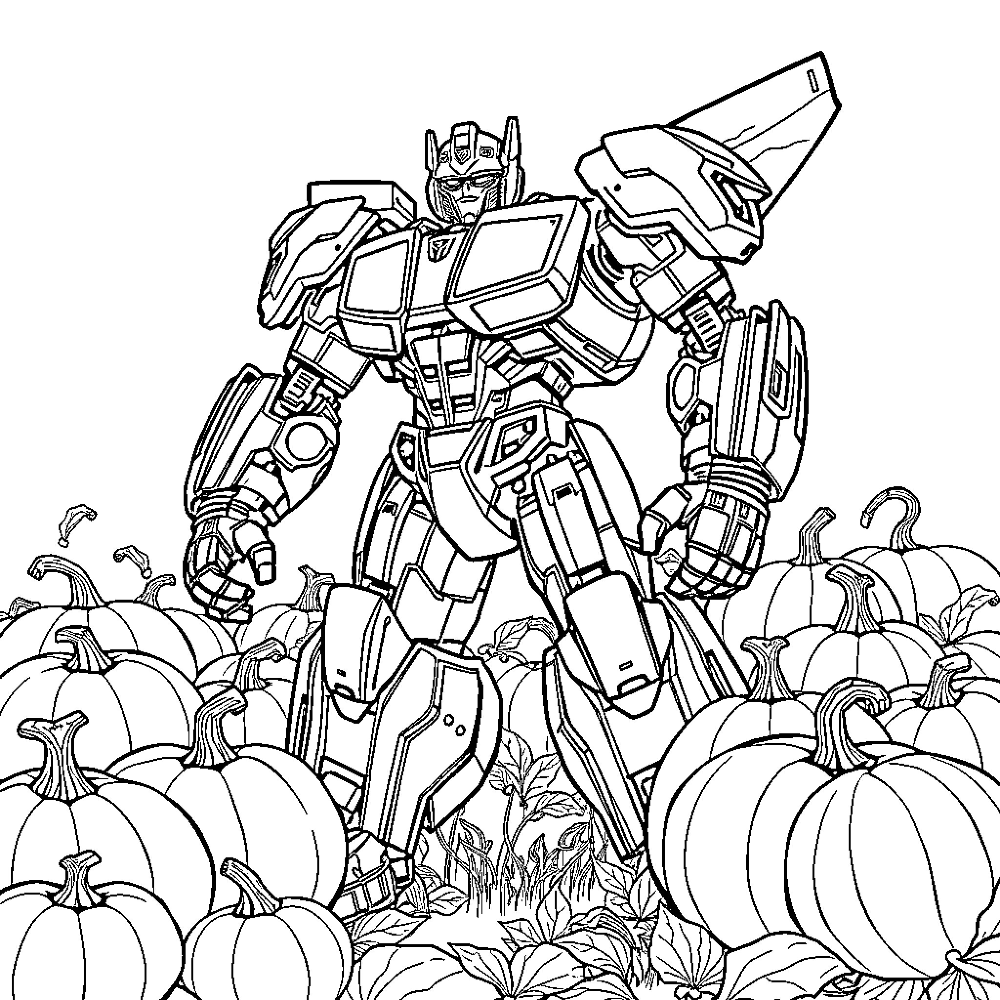 Bumblebee standing proudly amidst pumpkins Coloring Page (free black-and-white line drawing printable PDF for all, from beginners to advanced learners, including children, teens, adults, and seniors)