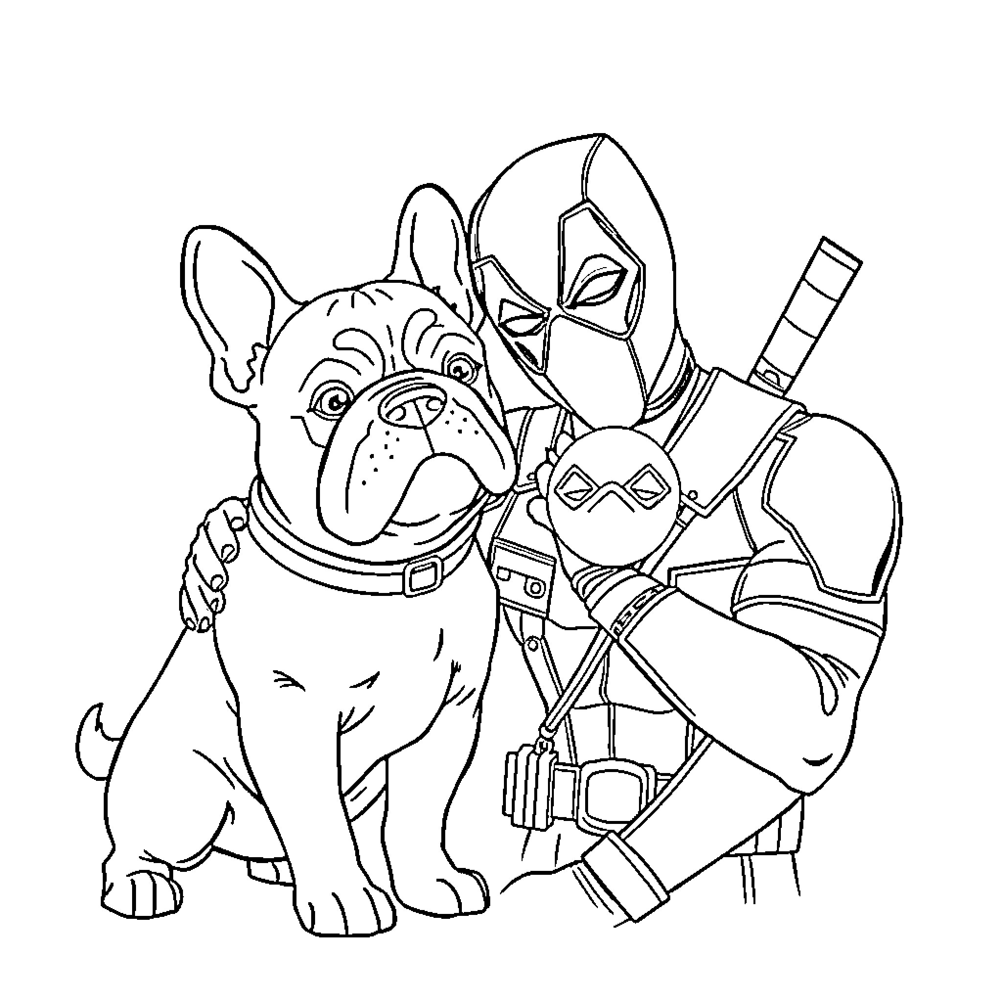 Deadpool and His Canine Companion Coloring Page (free black-and-white line drawing printable PDF for all, from beginners to advanced learners, including children, teens, adults, and seniors)
