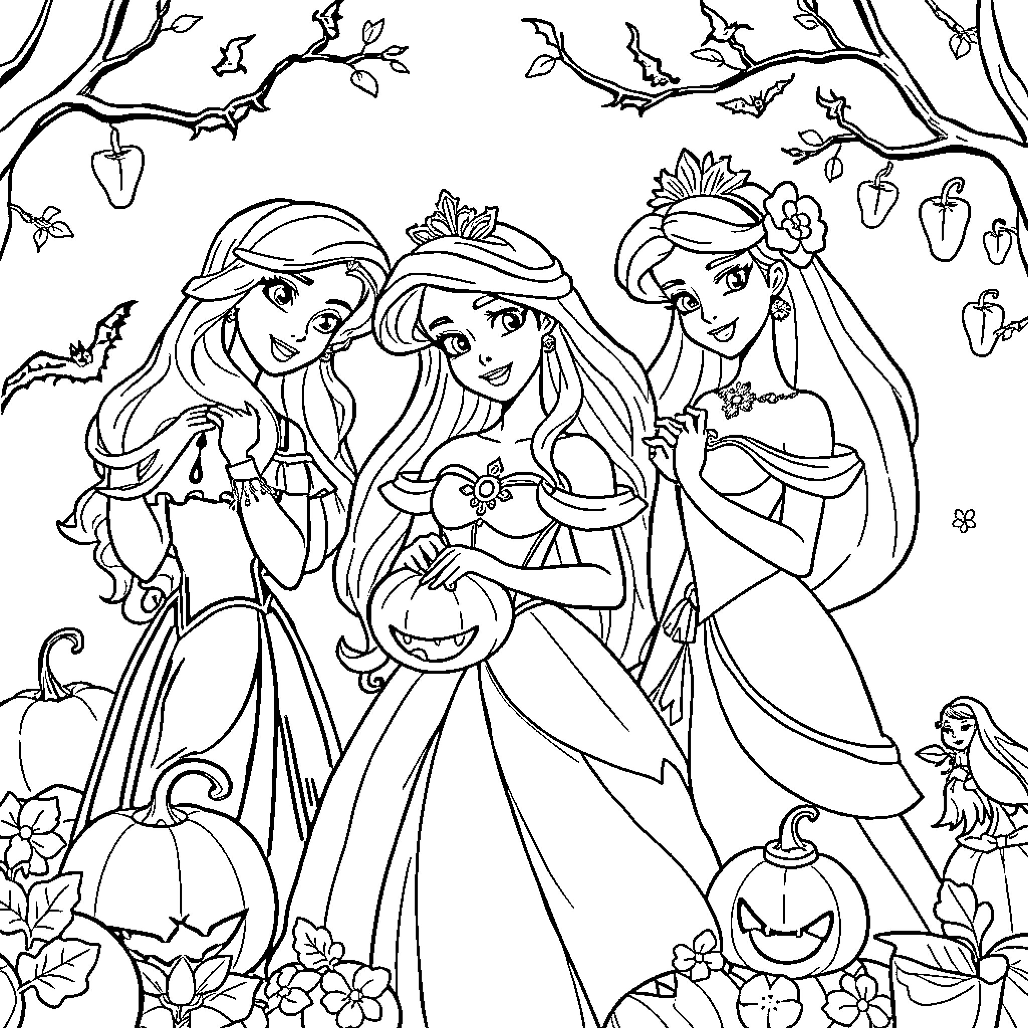 Princess Trio Celebrating Halloween Joyfully Coloring Page (free black-and-white line drawing printable PDF for all, from beginners to advanced learners, including children, teens, adults, and seniors)