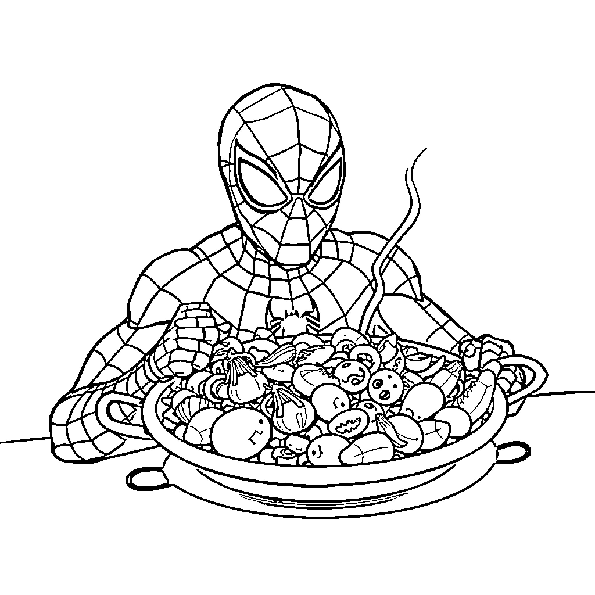 Spider-Man serving up a hearty meal Coloring Page (free black-and-white line drawing printable PDF for all, from beginners to advanced learners, including children, teens, adults, and seniors)