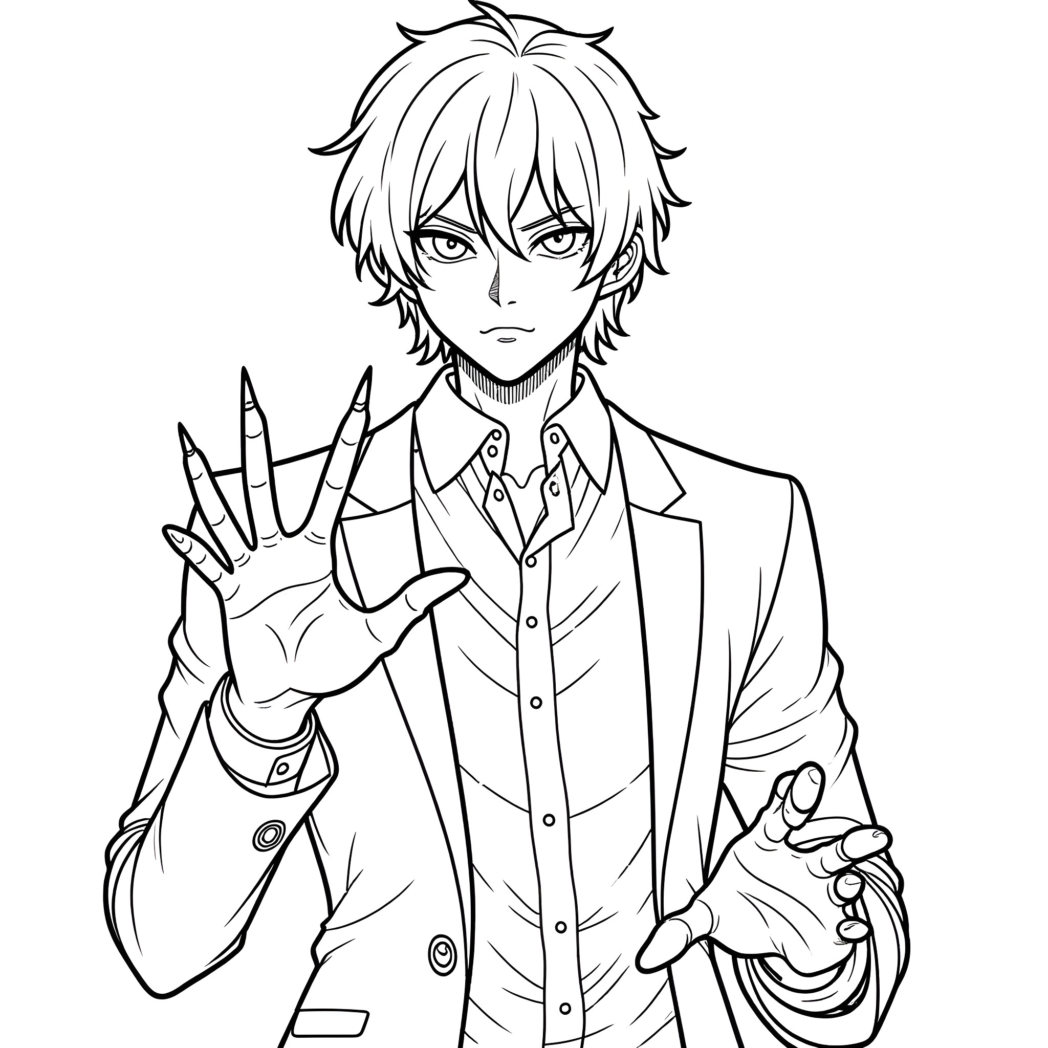 Ken Kaneki in serious expression with spiked glove Coloring Page (free black-and-white line drawing printable PDF for all, from beginners to advanced learners, including children, teens, adults, and seniors)