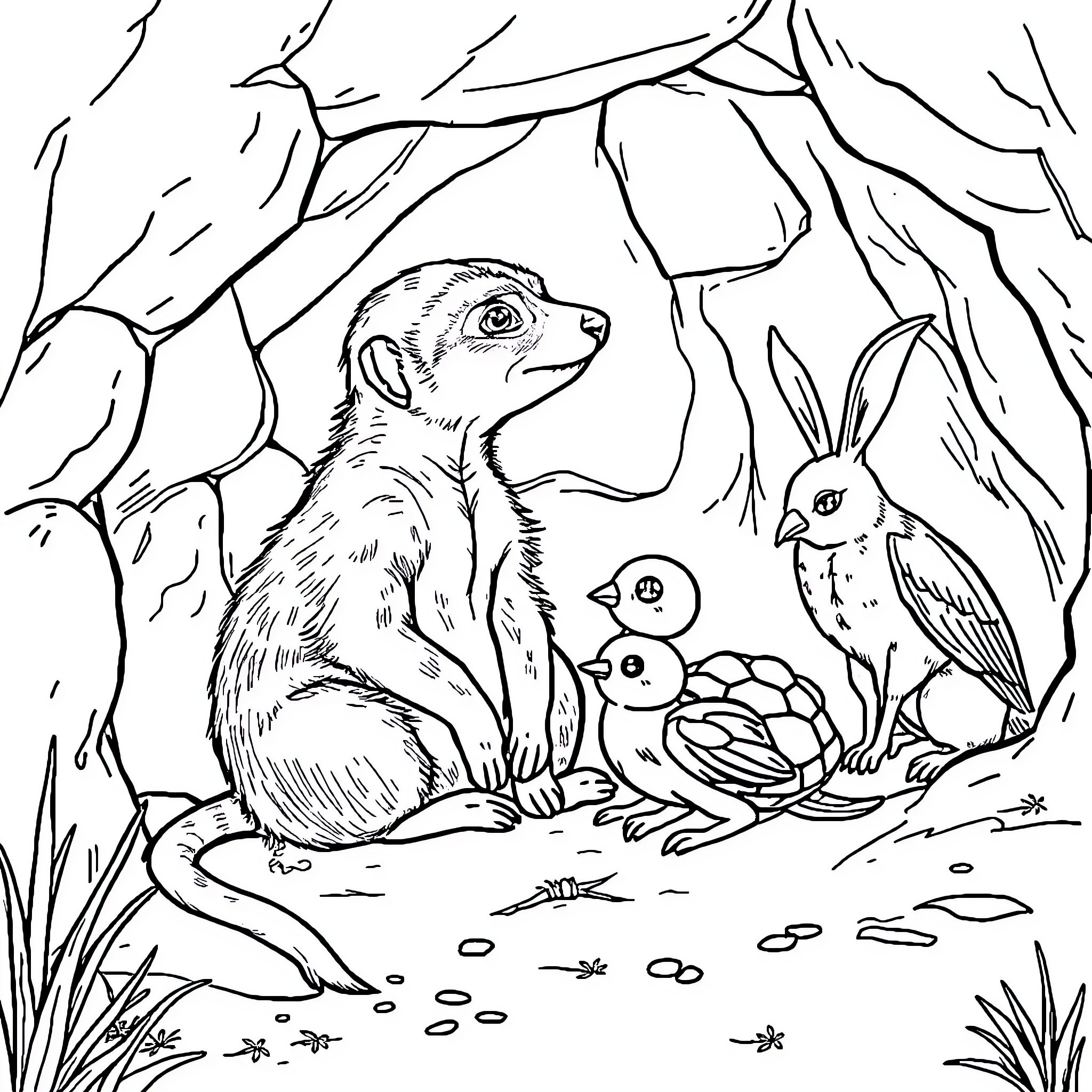 Meerkat and friends in the forest Coloring Page (free black-and-white line drawing printable PDF for all, from beginners to advanced learners, including children, teens, adults, and seniors)