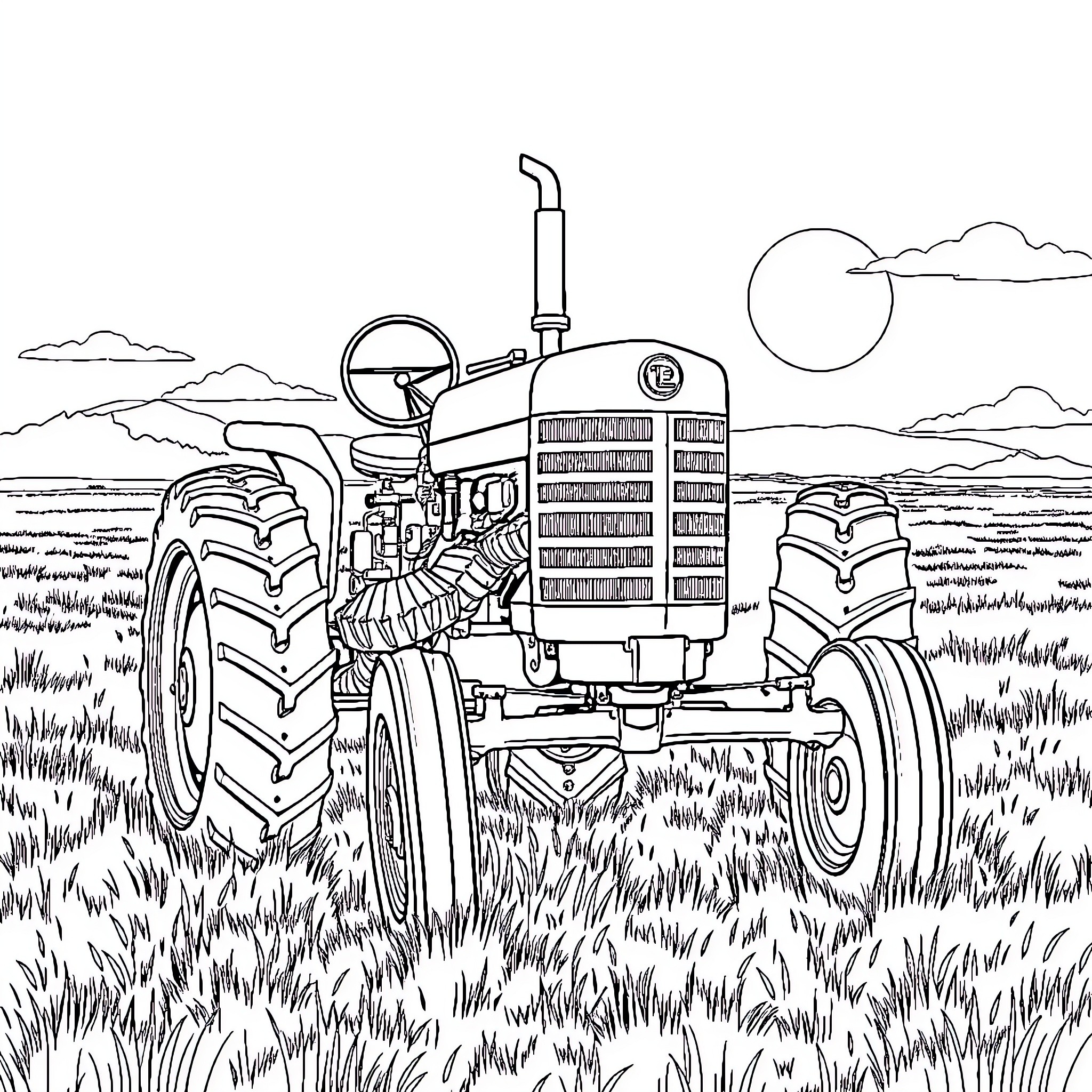 Tractor plowing the field on a sunny day Coloring Page (free black-and-white line drawing printable PDF for all, from beginners to advanced learners, including children, teens, adults, and seniors)