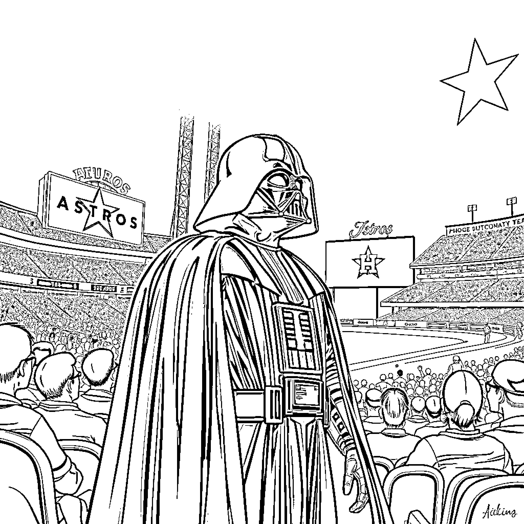 Darth Vader Surveying a Crowded Stadium Coloring Page (free black-and-white line drawing printable PDF for all, from beginners to advanced learners, including children, teens, adults, and seniors)