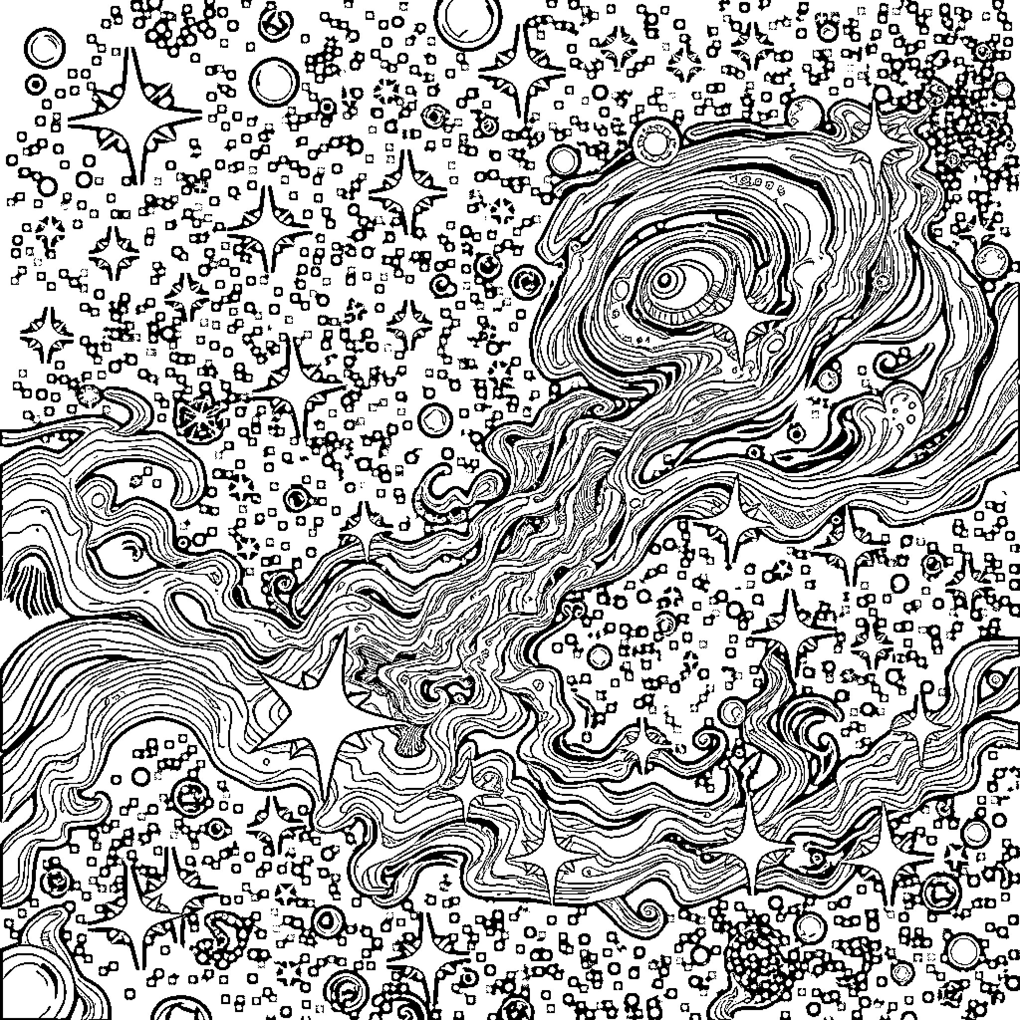 Galaxy of Abstract Shapes and Patterns Coloring Page (free black-and-white line drawing printable PDF for all, from beginners to advanced learners, including children, teens, adults, and seniors)