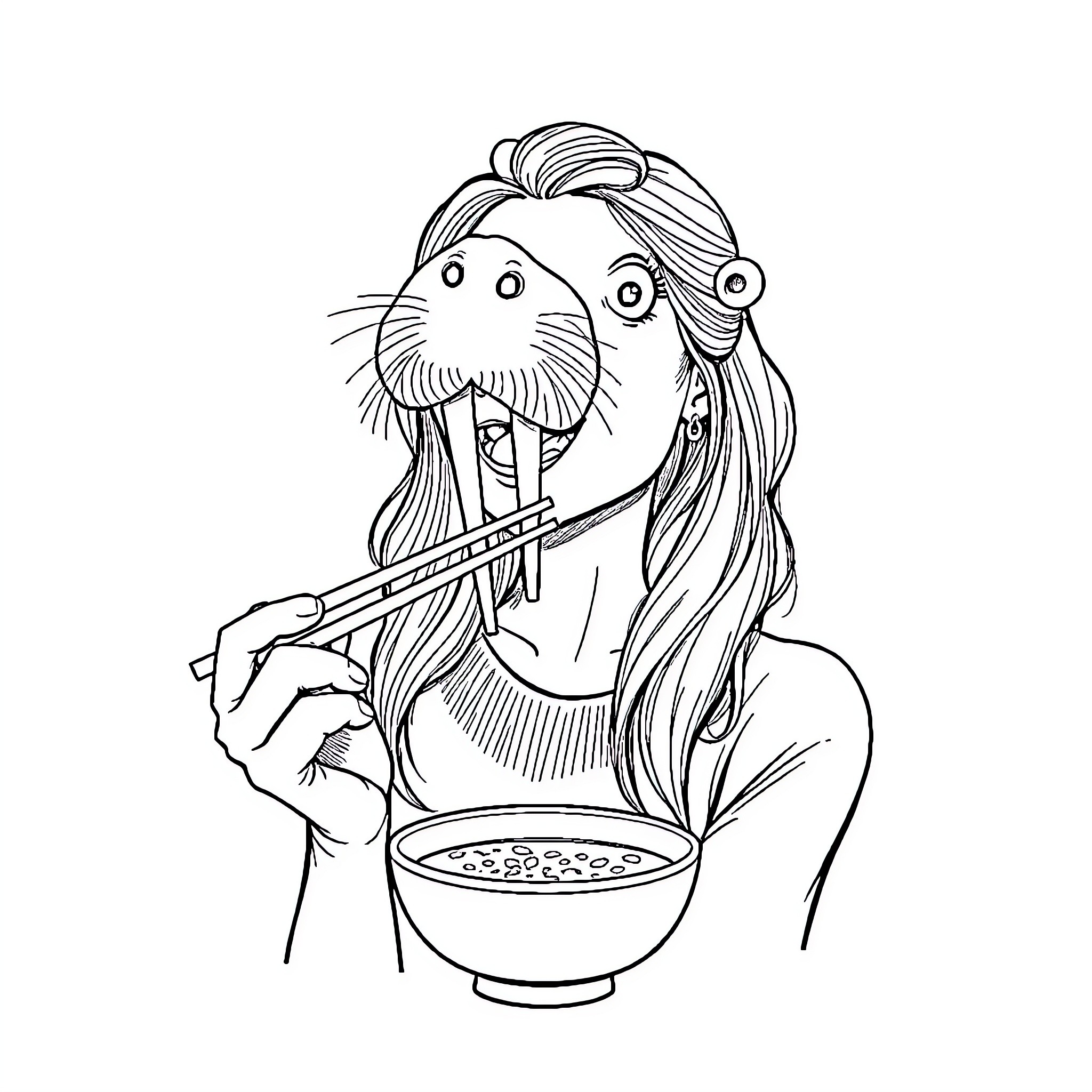Woman eating noodles with chopsticks Coloring Page (free black-and-white line drawing printable PDF for all, from beginners to advanced learners, including children, teens, adults, and seniors)