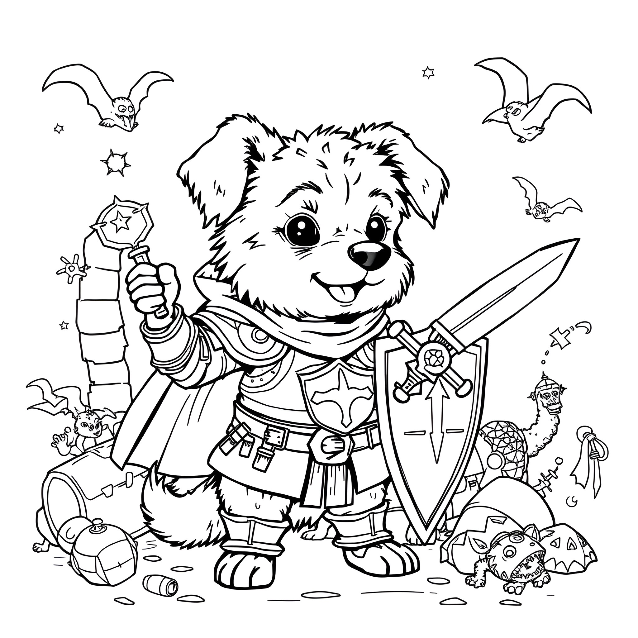Dog Hero in Fantasy Adventure Coloring Page (free black-and-white line drawing printable PDF for all, from beginners to advanced learners, including children, teens, adults, and seniors)