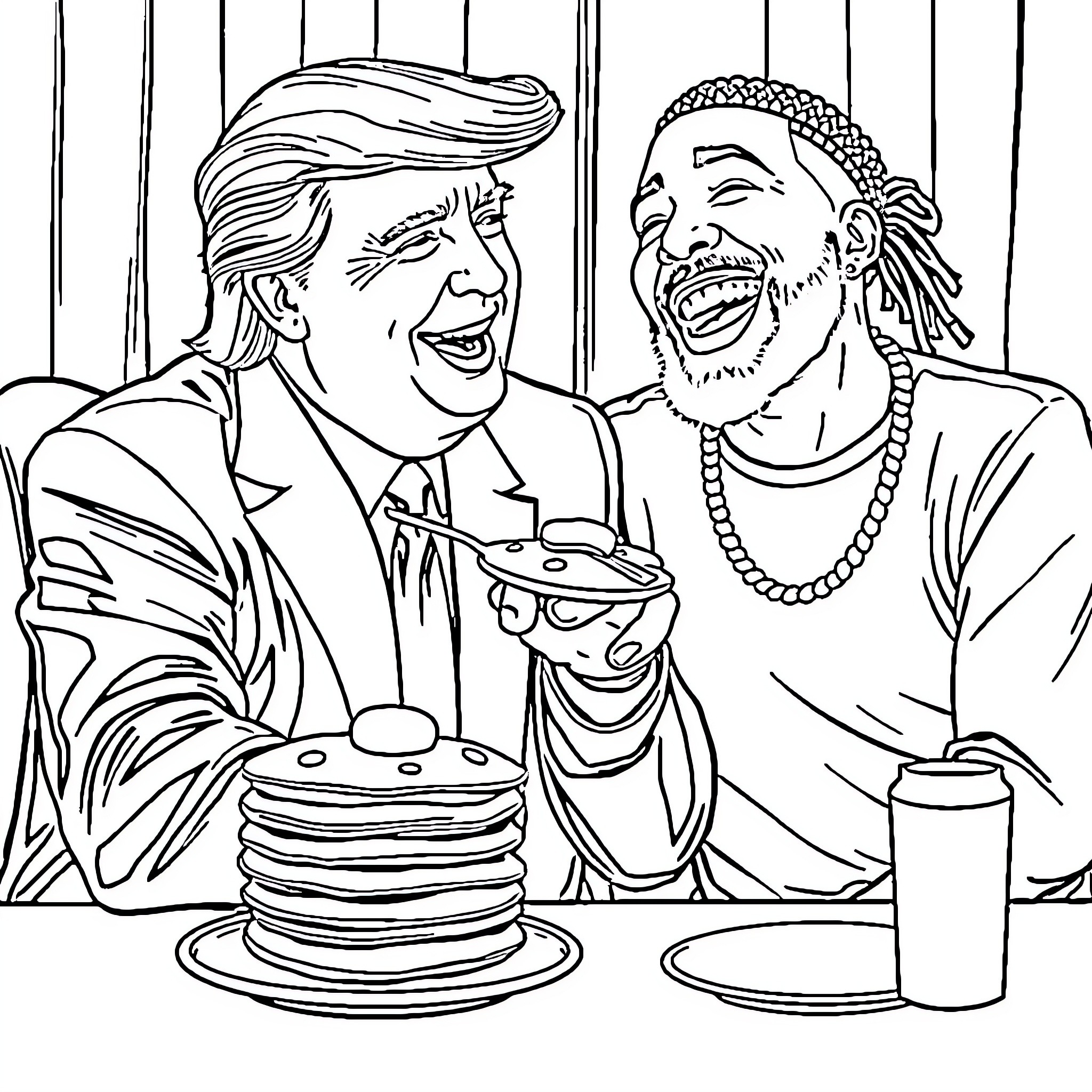 Trump and Friend Enjoying Breakfast Together Coloring Page (free black-and-white line drawing printable PDF for all, from beginners to advanced learners, including children, teens, adults, and seniors)