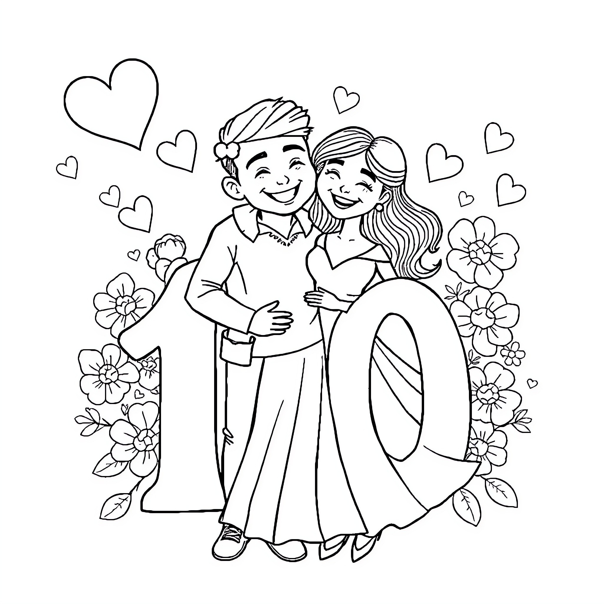 Couple sharing a loving embrace surrounded by flowers Coloring Page (free black-and-white line drawing printable PDF for all, from beginners to advanced learners, including children, teens, adults, and seniors)