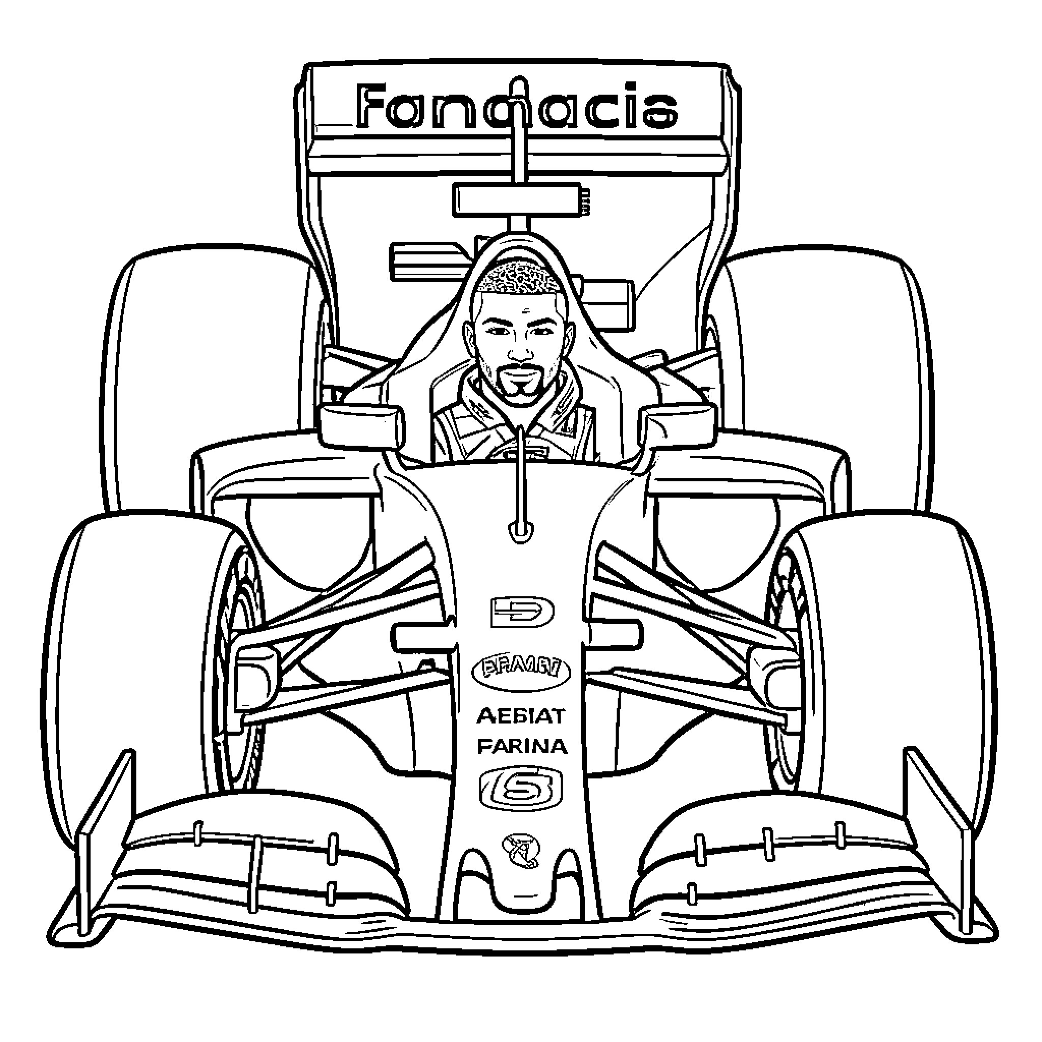 Mbappe driving a racing car with a confident expression Coloring Page (free black-and-white line drawing printable PDF for all, from beginners to advanced learners, including children, teens, adults, and seniors)