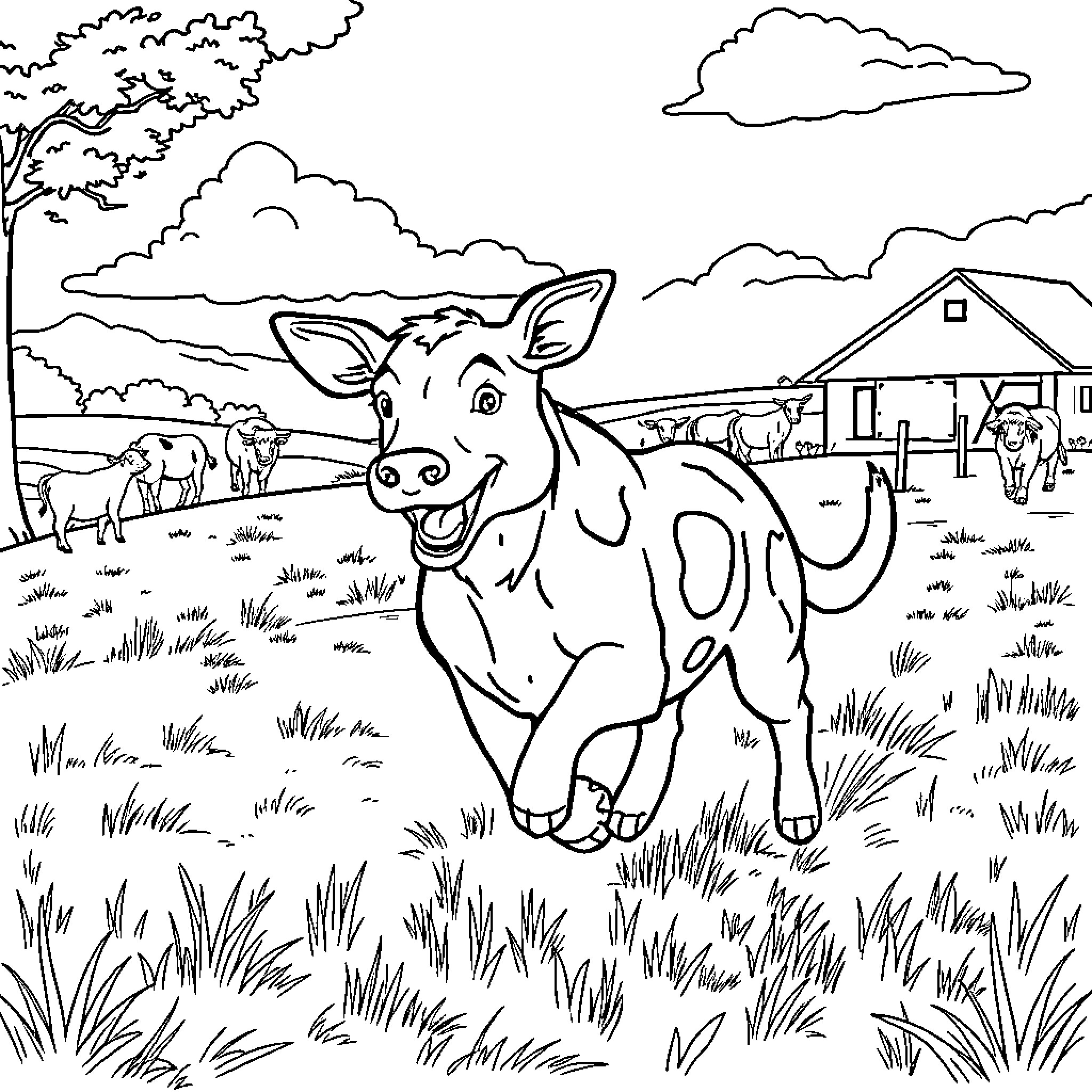 Cattle Dog herding sheep in a rural farmyard Coloring Page (free black-and-white line drawing printable PDF for all, from beginners to advanced learners, including children, teens, adults, and seniors)