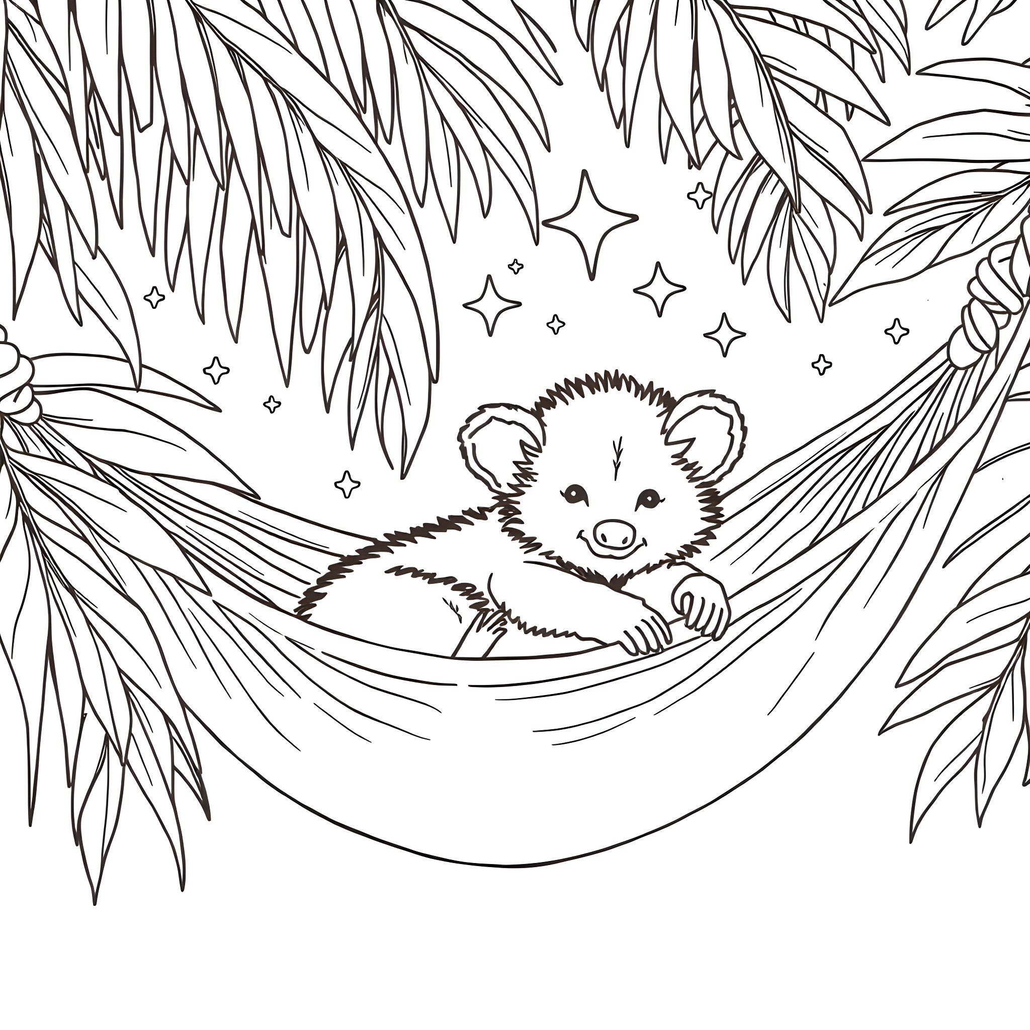 Opossum resting in a hammock under starry night Coloring Page (free black-and-white line drawing printable PDF for all, from beginners to advanced learners, including children, teens, adults, and seniors)