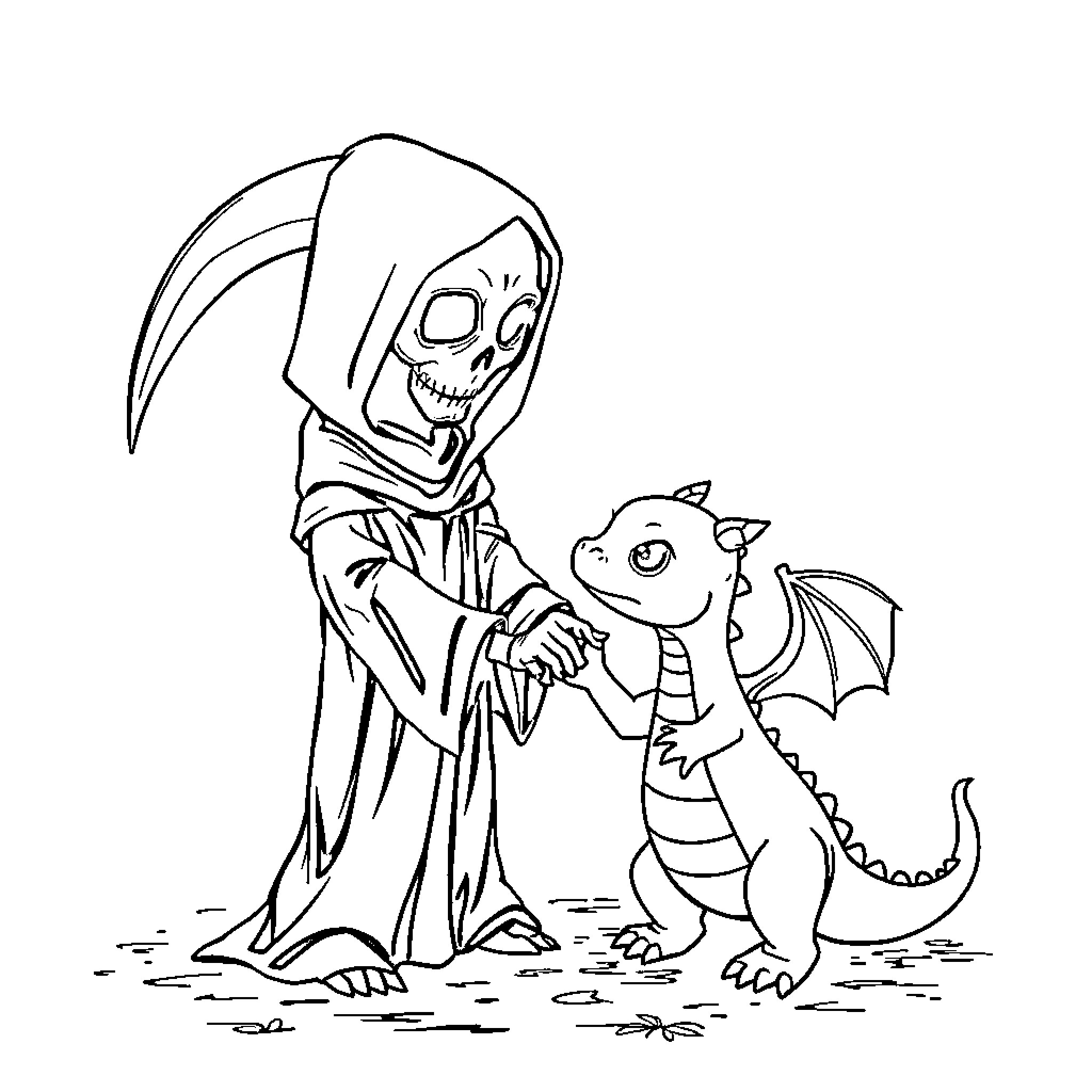 Grim Reaper interacting with a friendly dragon Coloring Page (free black-and-white line drawing printable PDF for all, from beginners to advanced learners, including children, teens, adults, and seniors)
