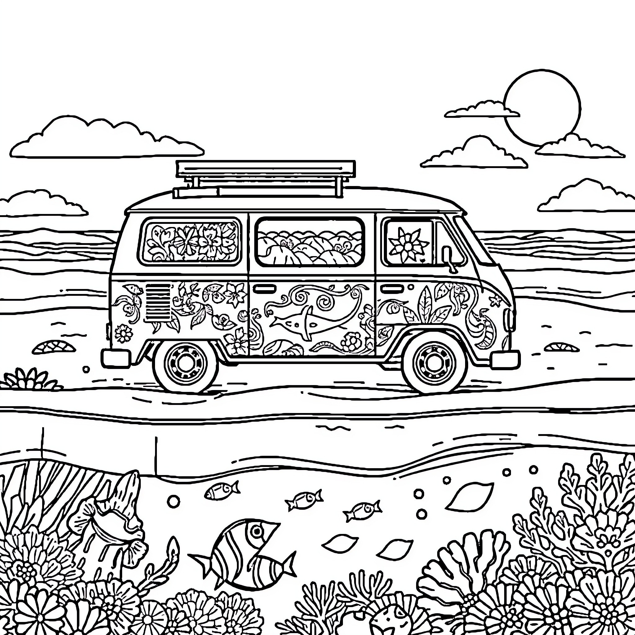 Van with Vibrant Artwork on Beach Landscape Coloring Page (free black-and-white line drawing printable PDF for all, from beginners to advanced learners, including children, teens, adults, and seniors)