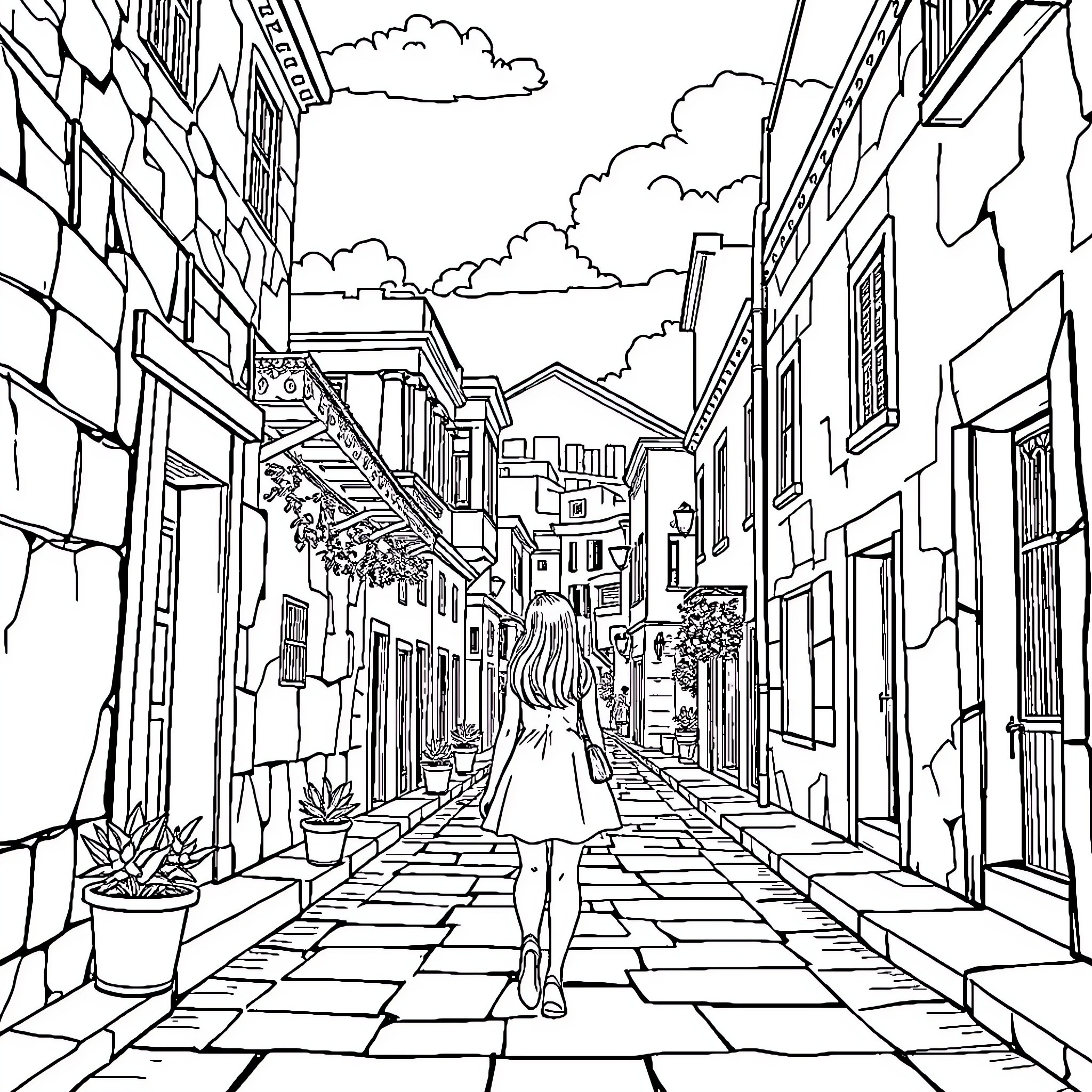 Girl walking through quaint city street Coloring Page (free black-and-white line drawing printable PDF for all, from beginners to advanced learners, including children, teens, adults, and seniors)