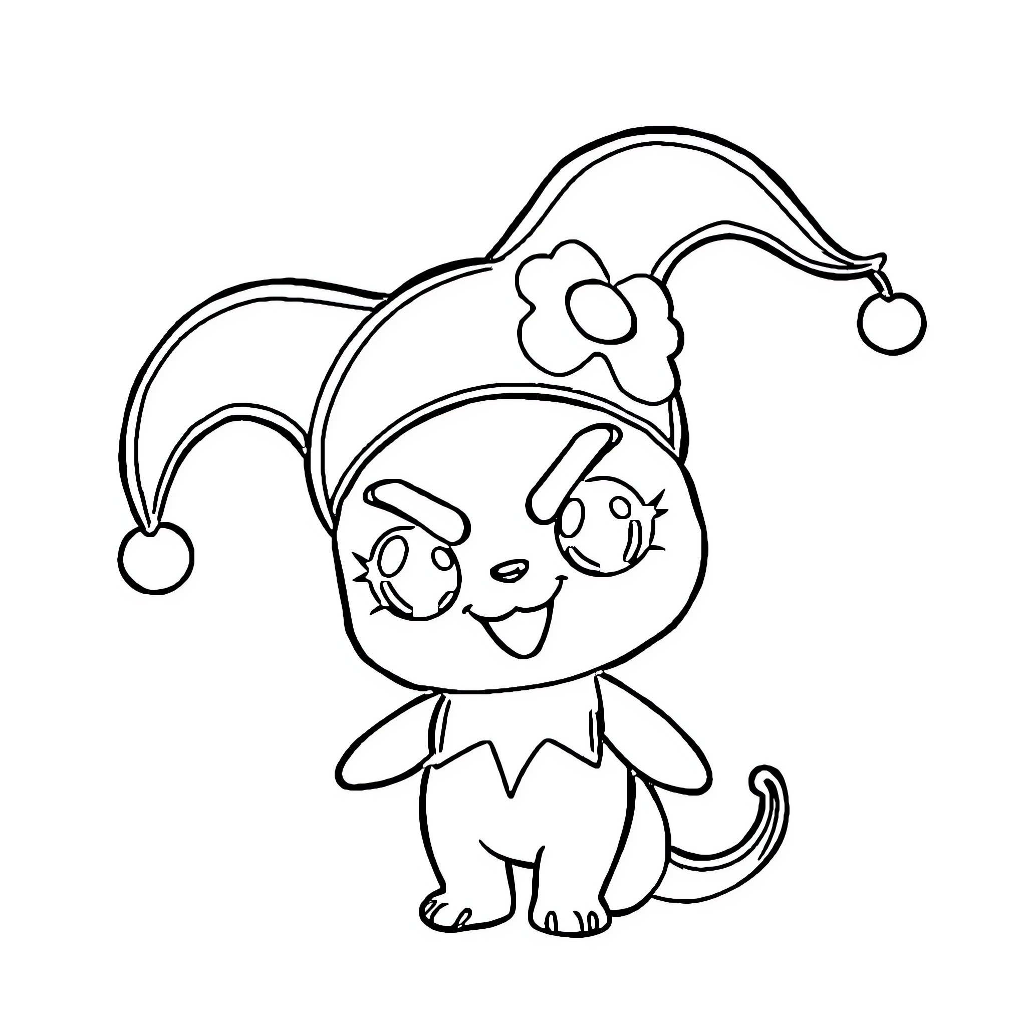 Kuromi in a playful jester outfit Coloring Page (free black-and-white line drawing printable PDF for all, from beginners to advanced learners, including children, teens, adults, and seniors)