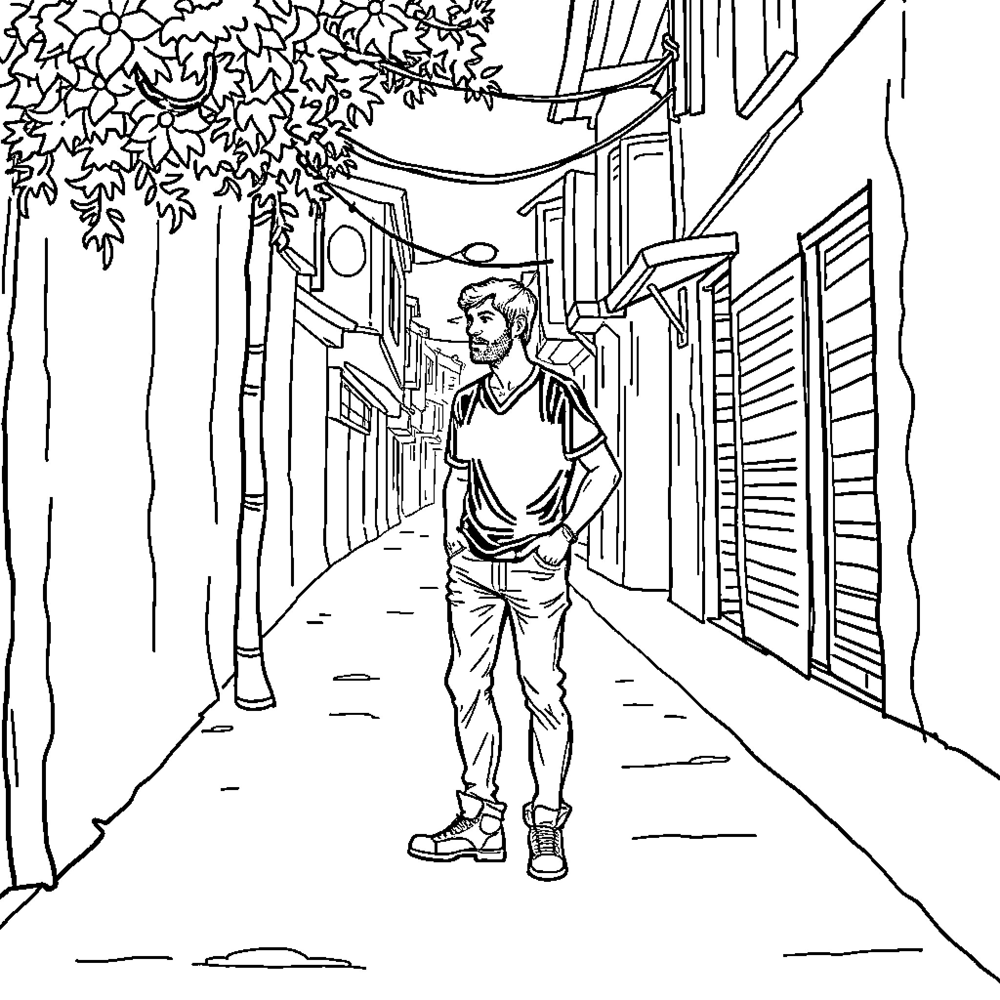 Man walking alone down a quiet street Coloring Page (free black-and-white line drawing printable PDF for all, from beginners to advanced learners, including children, teens, adults, and seniors)