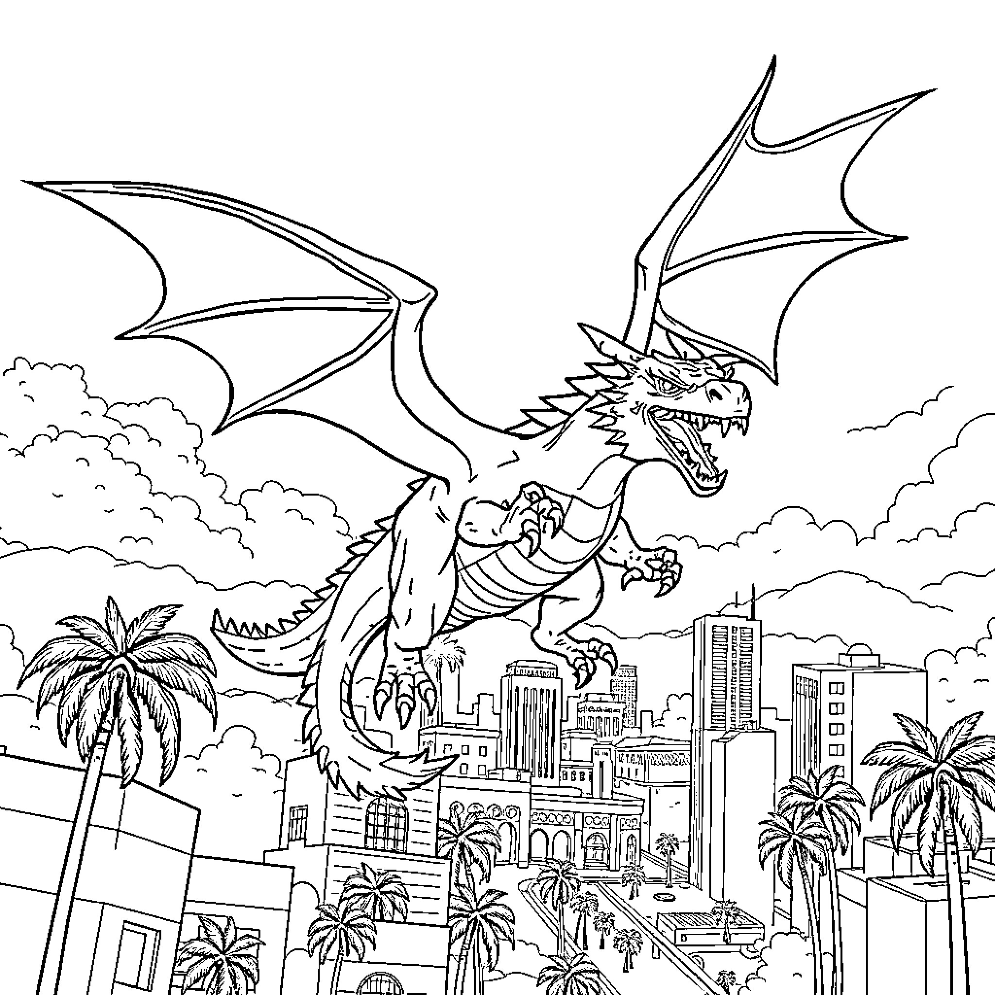 Dragon soaring over a vibrant cityscape Coloring Page (free black-and-white line drawing printable PDF for all, from beginners to advanced learners, including children, teens, adults, and seniors)
