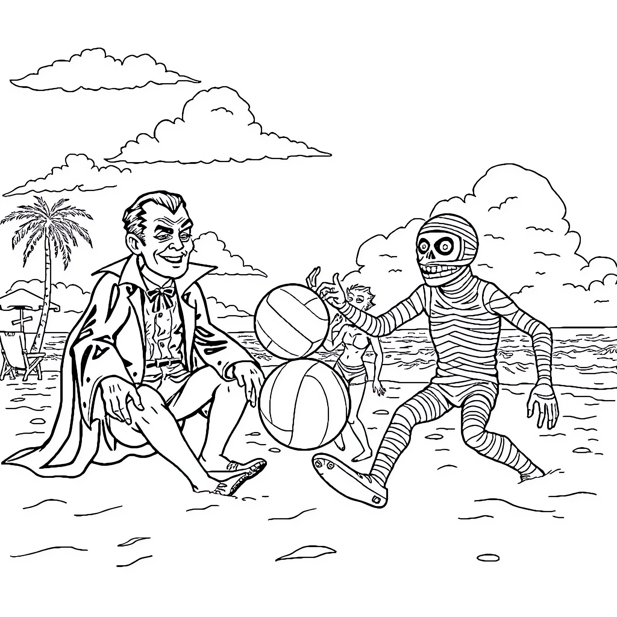 Monster Beach Vacation with Mummy and Skeleton Coloring Page (free black-and-white line drawing printable PDF for all, from beginners to advanced learners, including children, teens, adults, and seniors)
