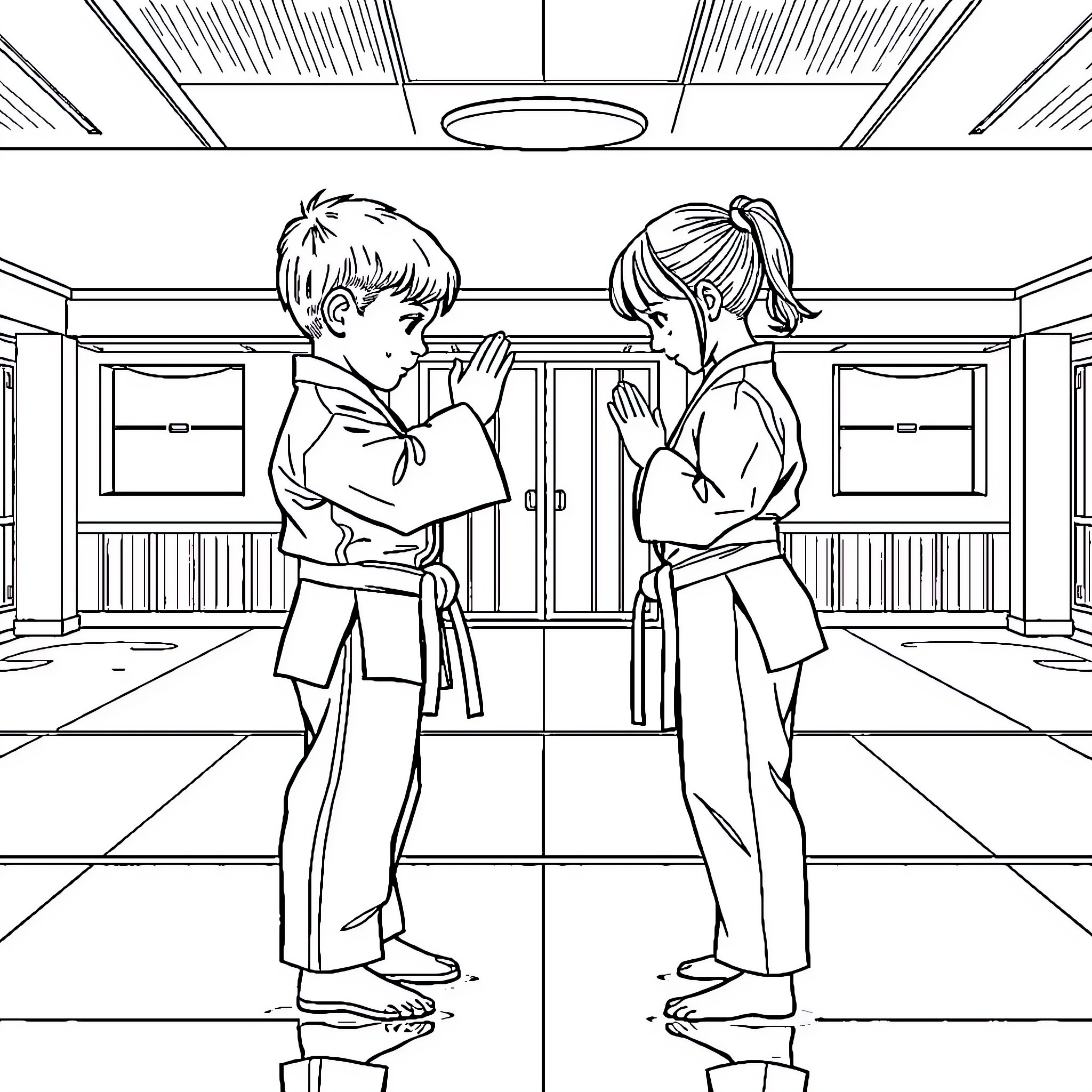 Taekwondo students practicing techniques in training hall Coloring Page (free black-and-white line drawing printable PDF for all, from beginners to advanced learners, including children, teens, adults, and seniors)